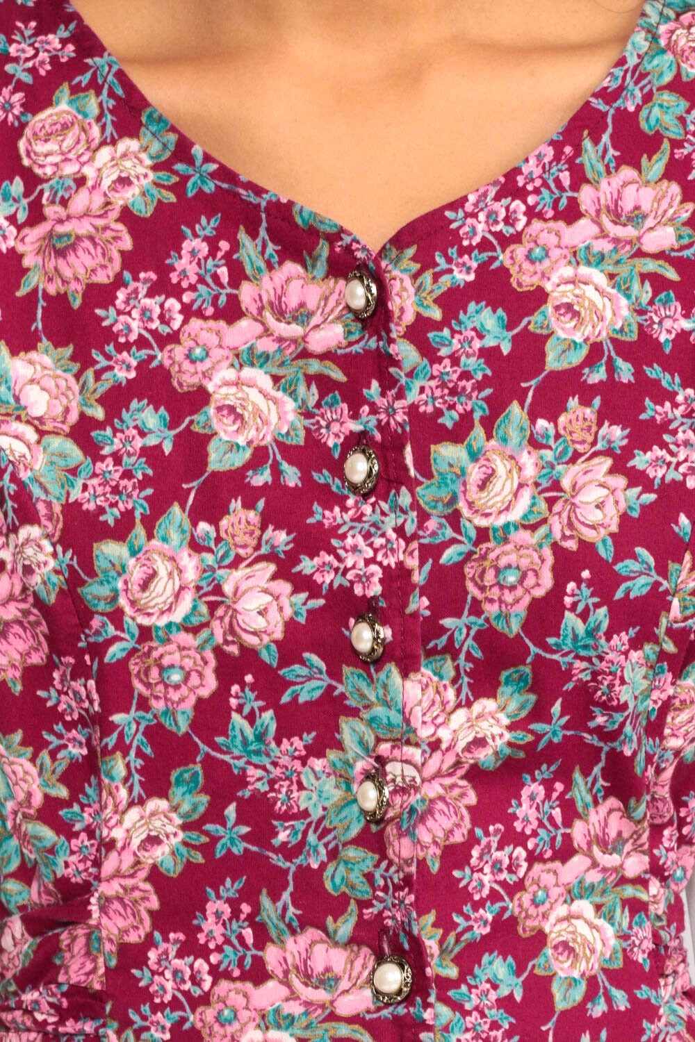 80s Floral Mini Dress Puff Sleeve Button-Up White Pink Small