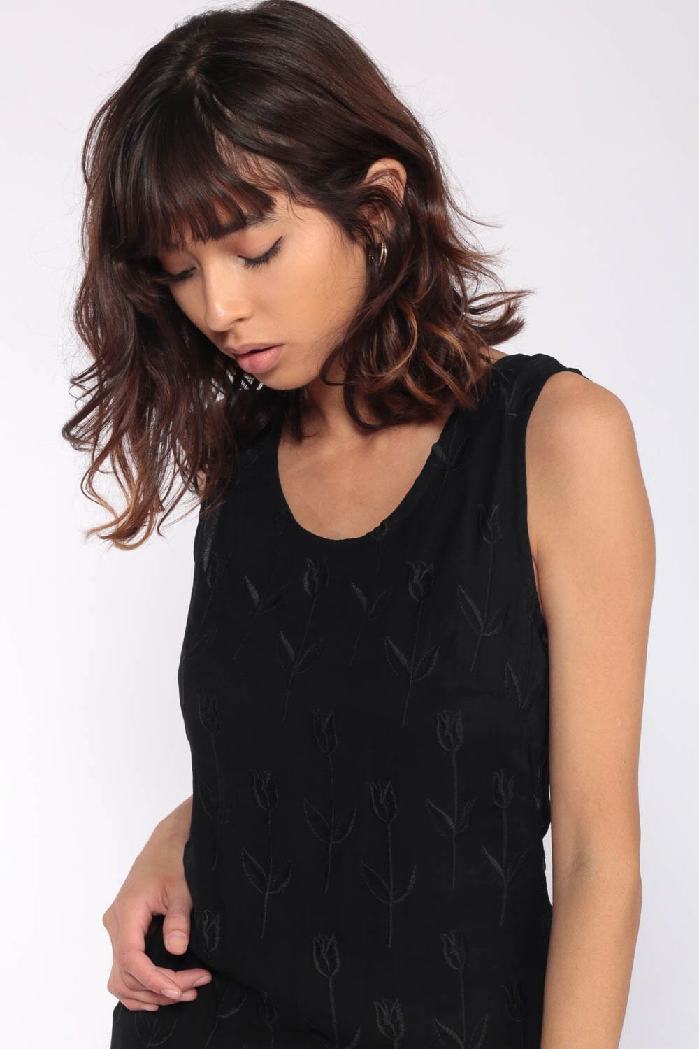 90s Black Floral Embroidered Viscose Mini Shift Dress Sleeveless Small