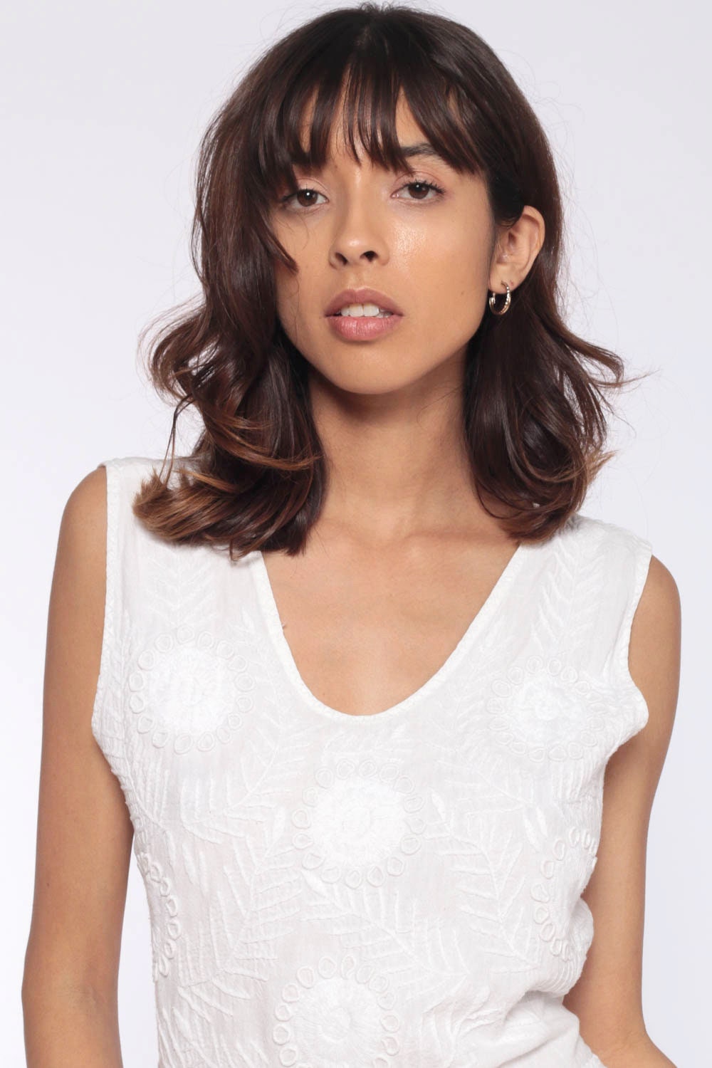 90s White Embroidered Floral Mini Dress Medium