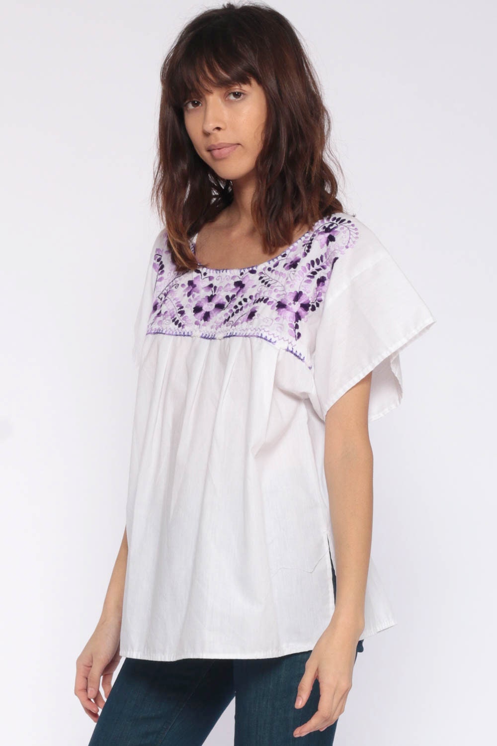 90s Mexican Embroidered Blouse Purple Floral Cotton Tunic Small Medium