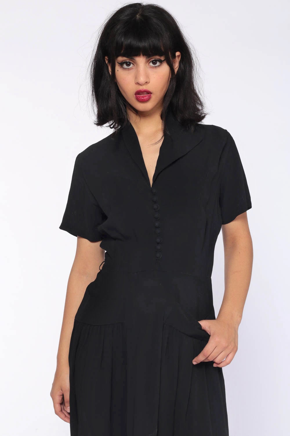 1940s Black Crepe Dress Asymmetrical Collar High Waist Midi Short Sleeve Extra Small