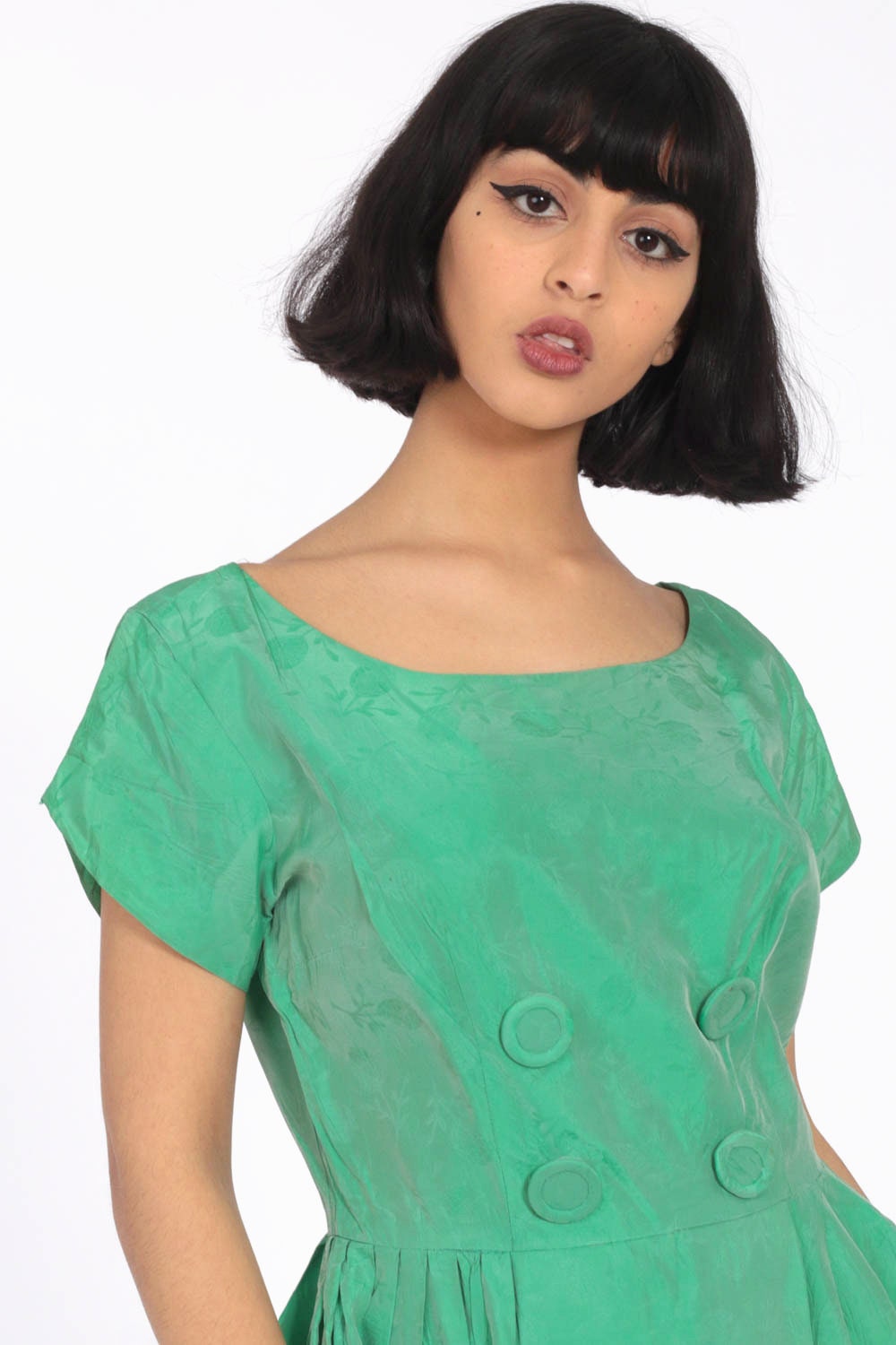 1960s Green Floral Taffeta Midi Dress Double Breasted High Waist Small