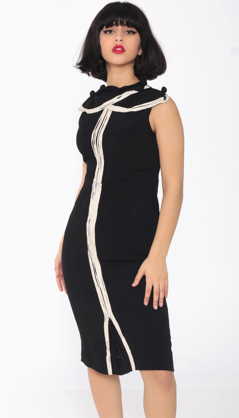 1960s Black Sheath Dress White Collar Sleeveless Midi Extra Small
