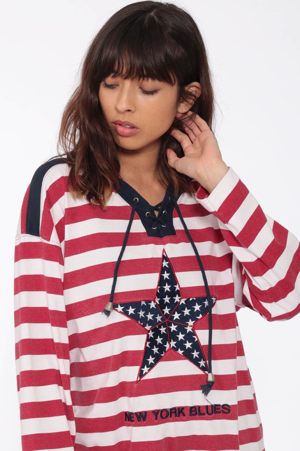 80s Striped Star Long Sleeve Shirt Red White Blue Nautical Medium Large