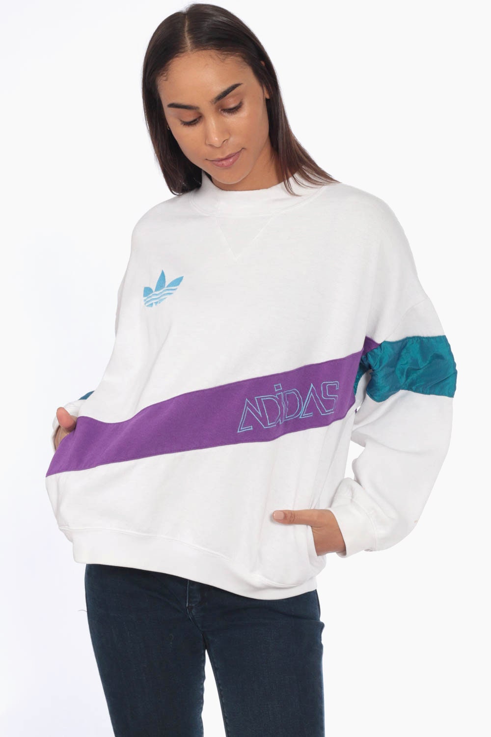 90s Adidas Trefoil Crewneck Sweatshirt Purple White Colour Block Large