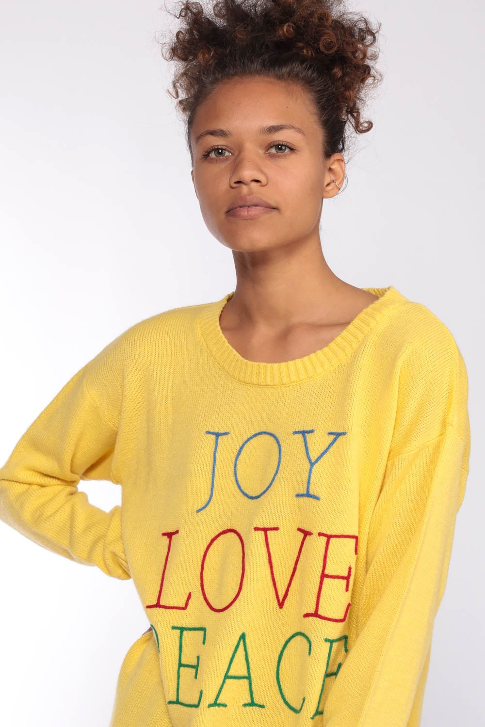 1970s Yellow Joy Love Peace Knit Sweater Pullover Small Medium