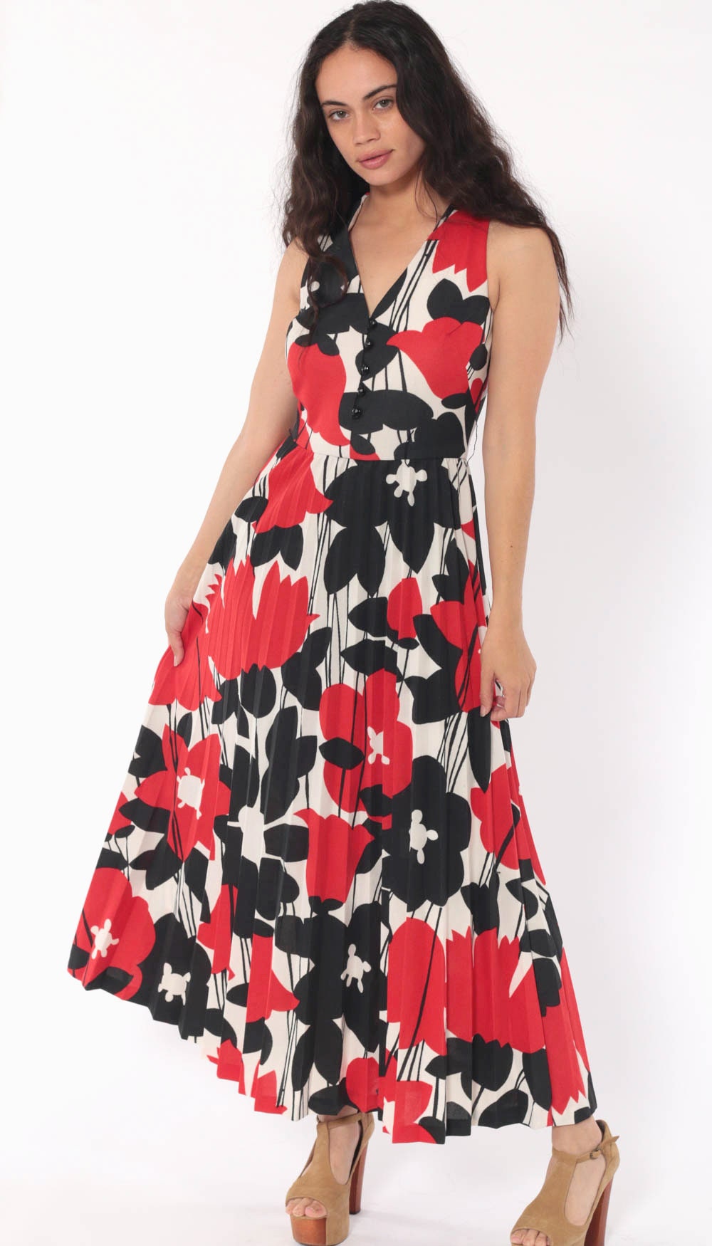 70s Michelle by Almalfi Floral Maxi Dress High Waist Pleated Red Black White Extra Small