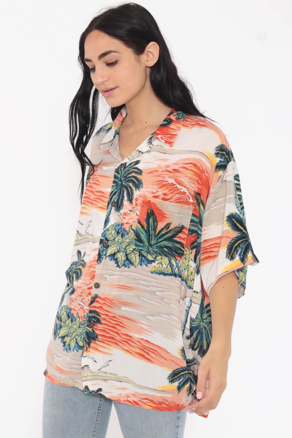 90s Hawaiian Shirt Tropical Palm Tree Print Button Up Orange Extra Large