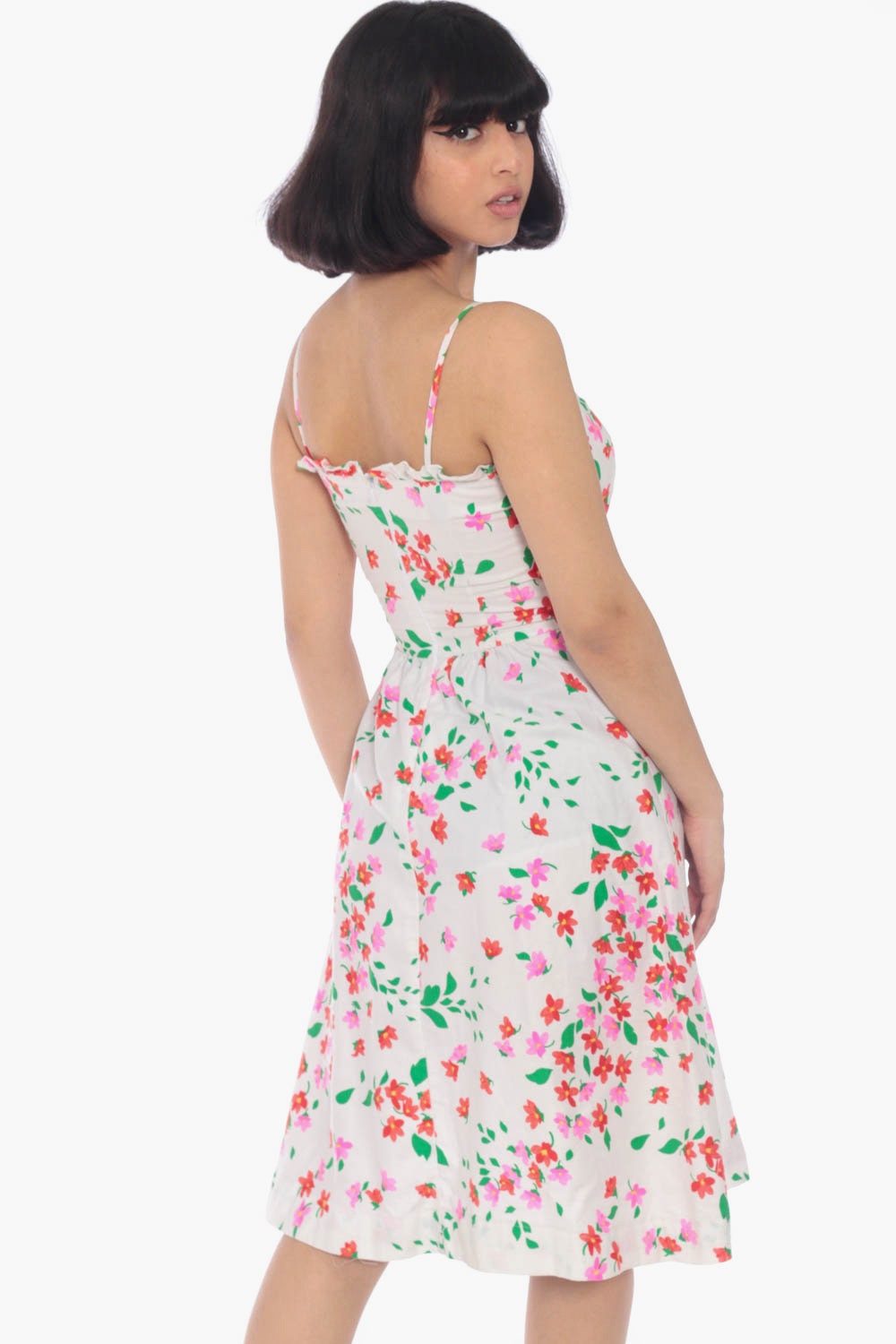 70s White Floral Midi Sundress Pink Red Print High Waist Spaghetti Strap Extra Small