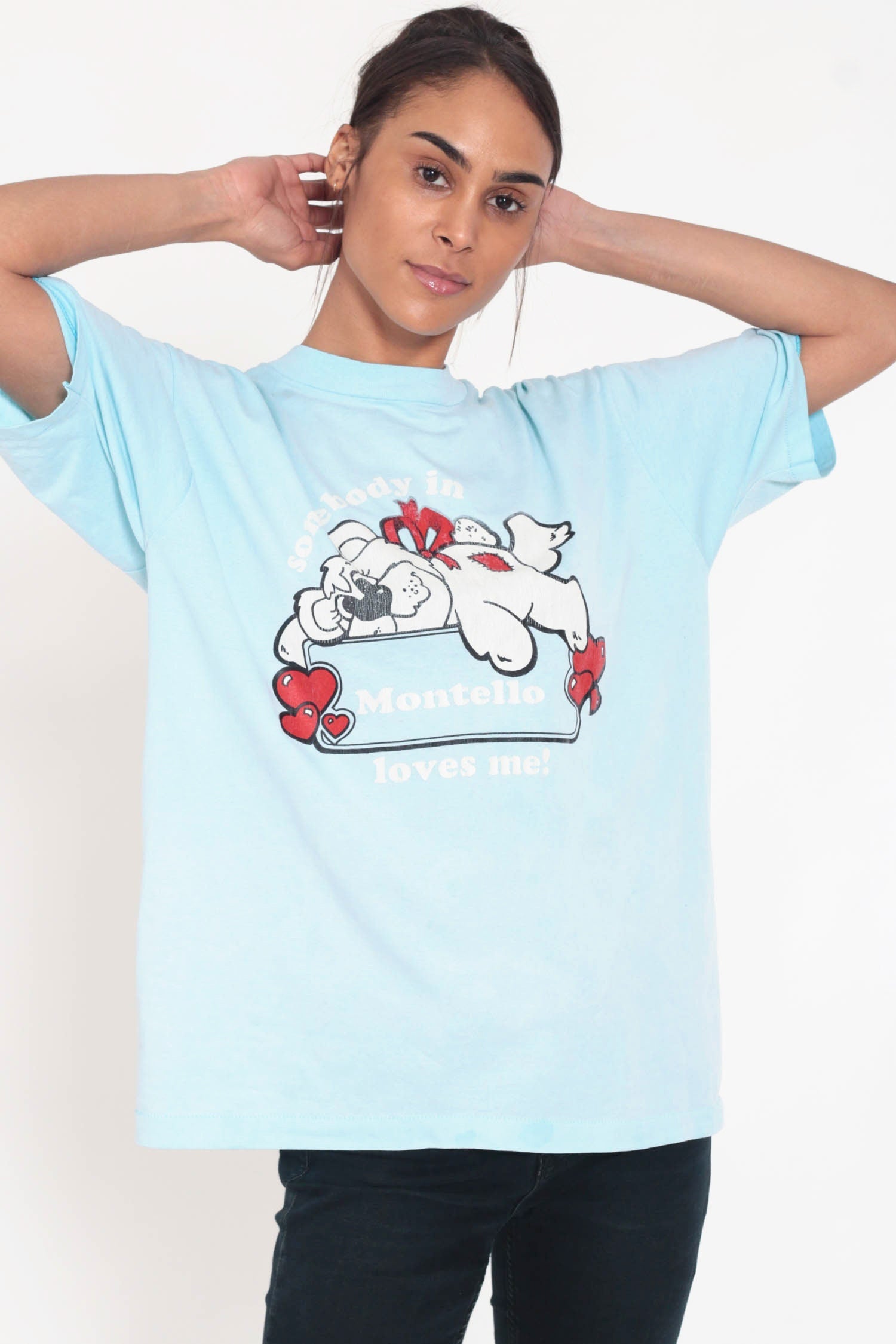 80s Wisconsin Teddy Bear Graphic T-Shirt Montello Baby Blue Extra Large
