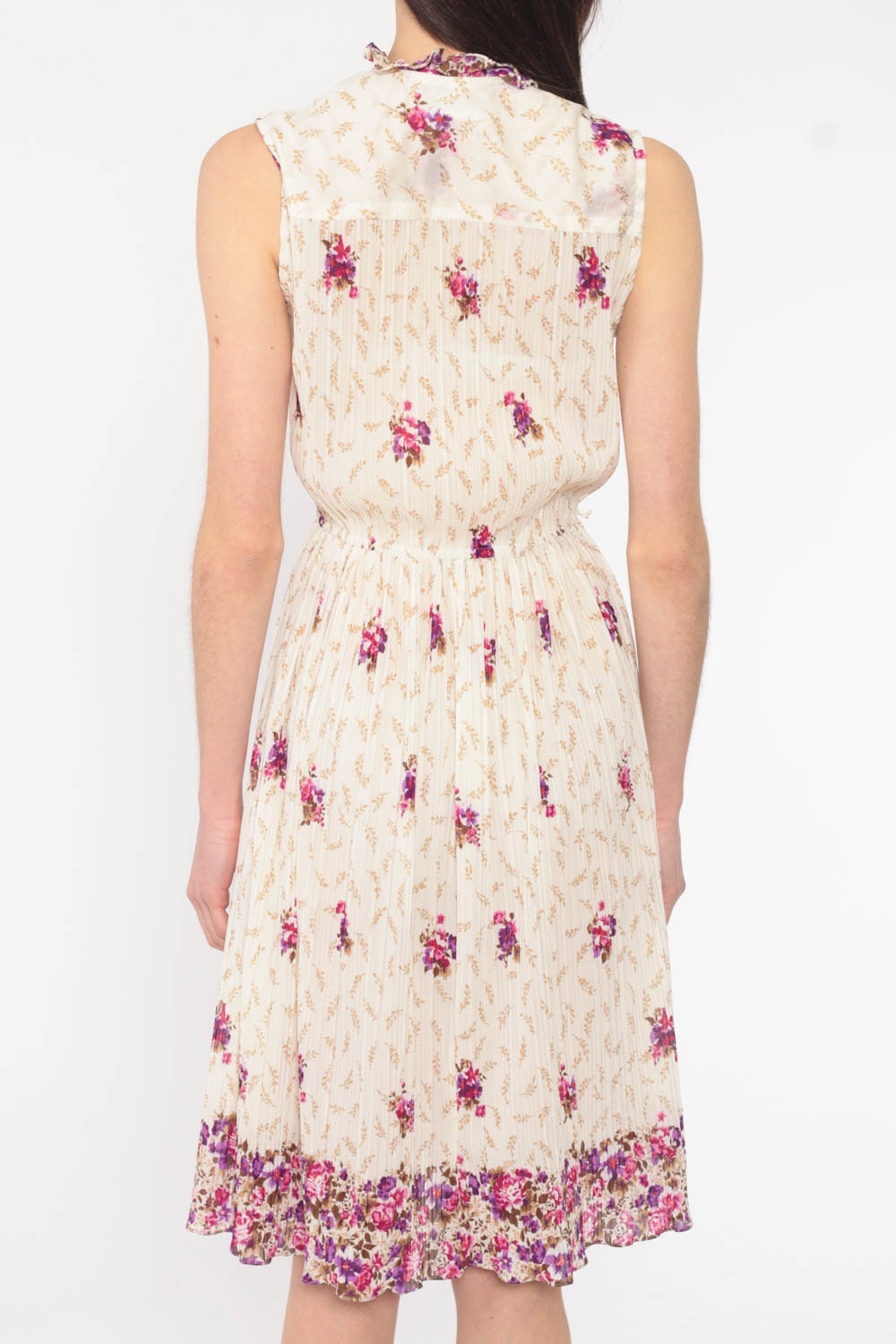 70s Floral Midi Dress Knife Pleat High Waist Keyhole Bow Necktie Sleeveless Small