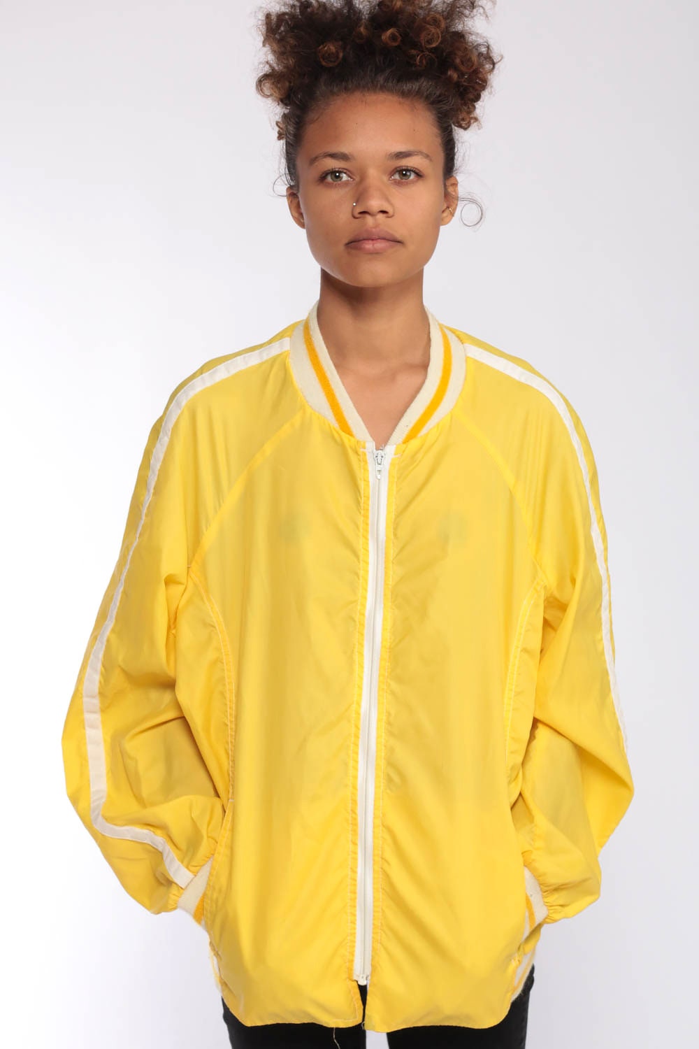 80s Yellow Nylon Windbreaker Jacket Striped Raglan Zip-Up Large