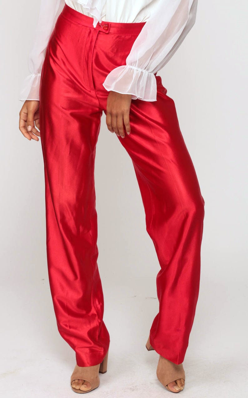 70s Red Disco Pants High Waisted Straight Leg Shiny Trousers Small