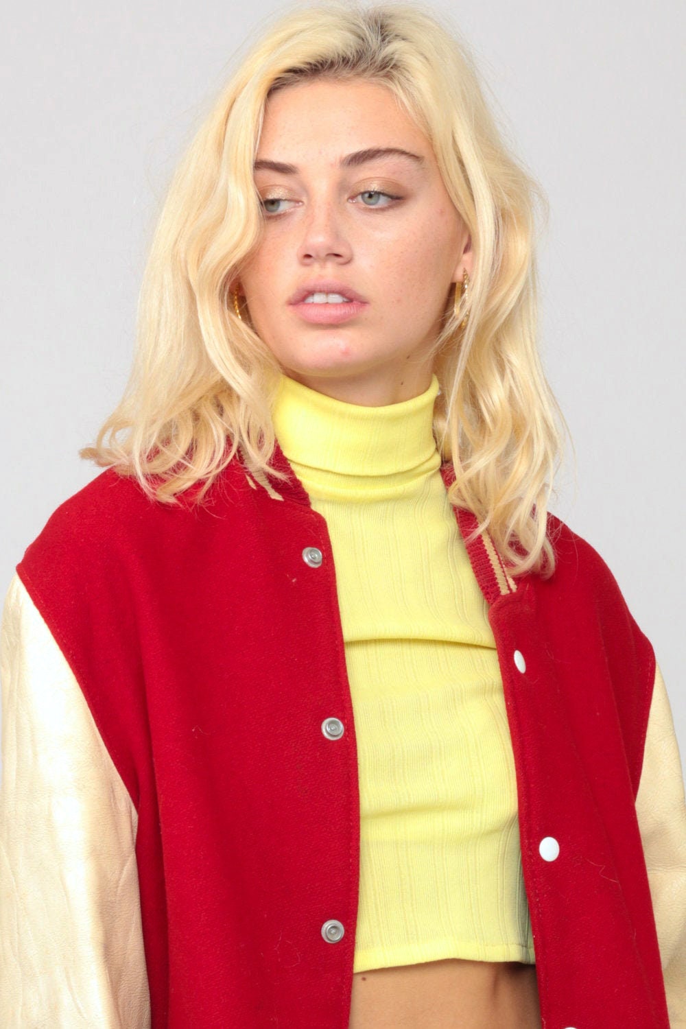 80s Wool Varsity Jacket Red Leather Sleeves Unisex Large