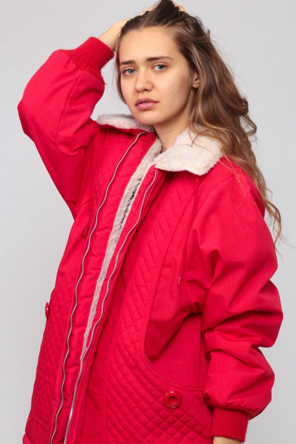 70s Red Puffer Ski Jacket Sherpa Lining Zip Front Large