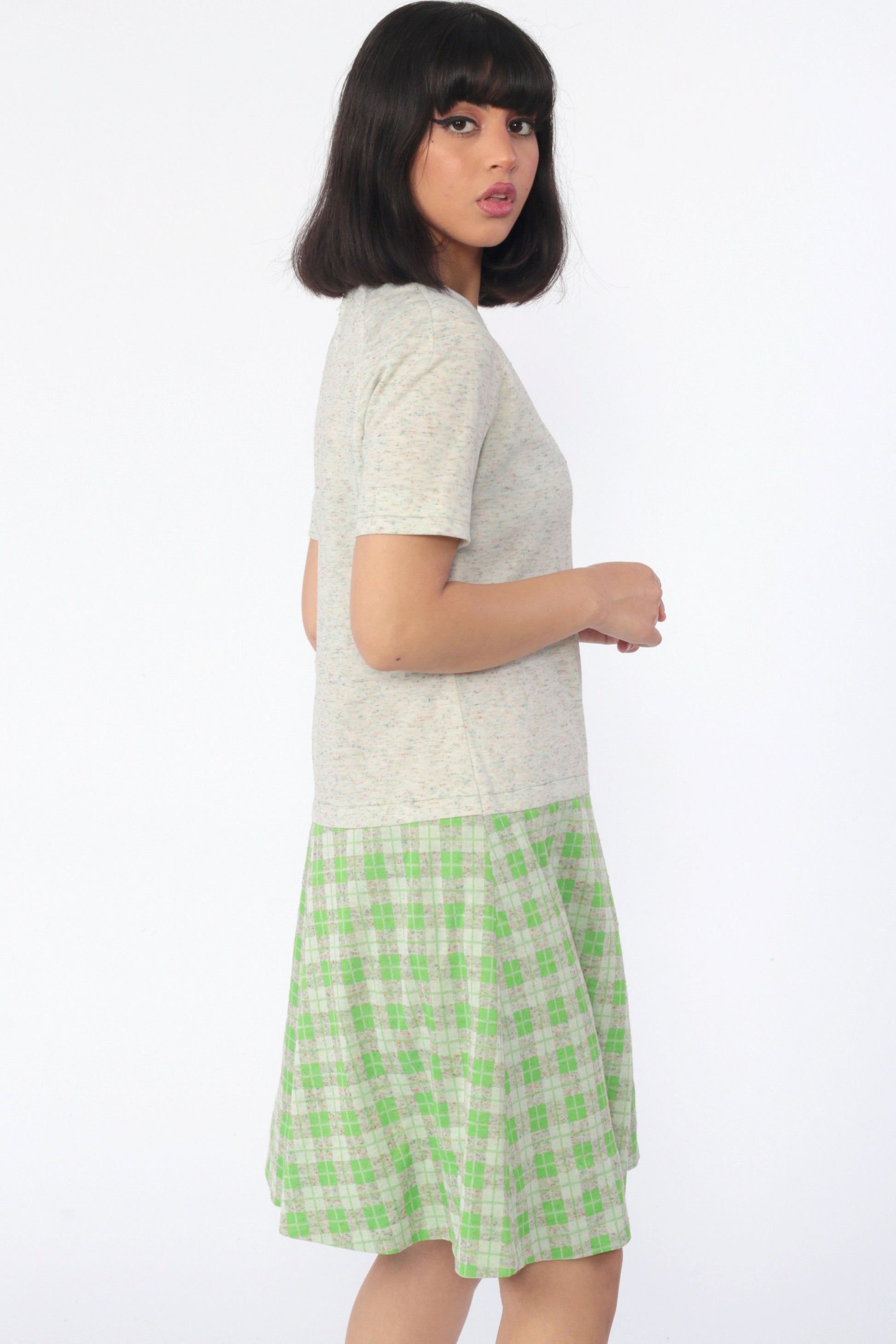 60s Mod Plaid Drop Waist Shift Dress Short Sleeve Knee-Length Medium