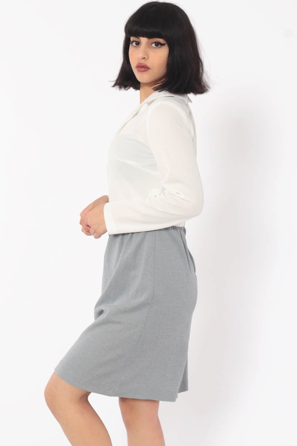 60s Mod Mini Dress High Waist Grey White Colour Block Polyester Small