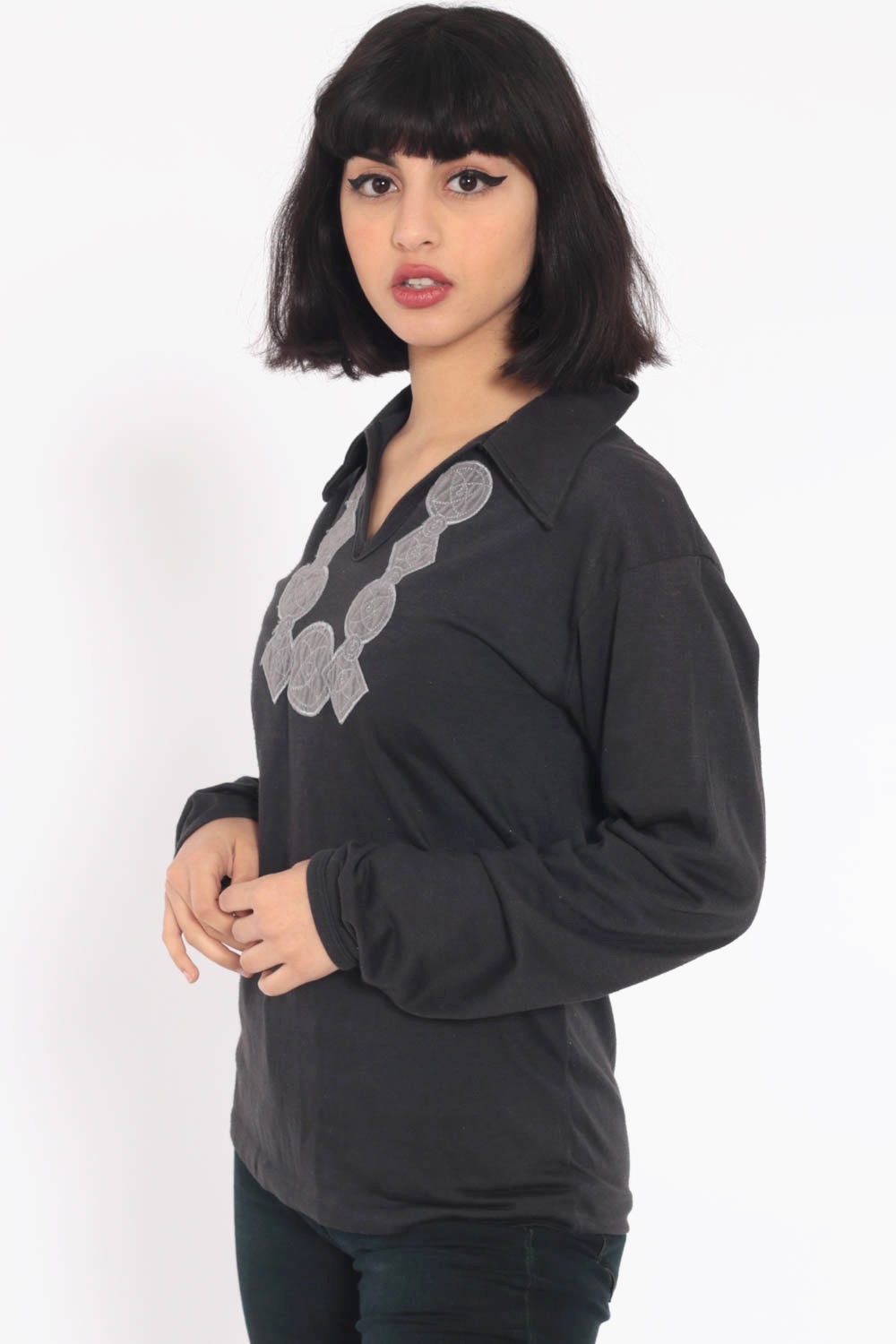 70s Esprit Black Embroidered Blouse V-Neck Collared Long Sleeve Medium