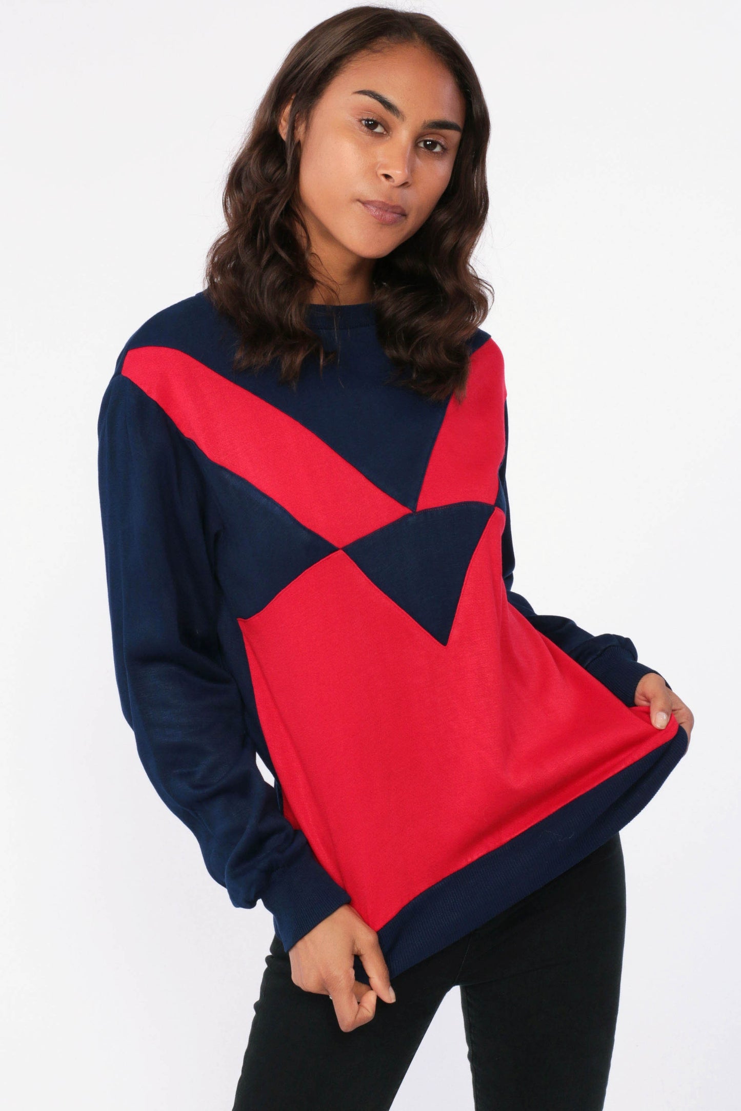 80s Color Block Sweatshirt Navy Blue Red Crewneck Pullover Small