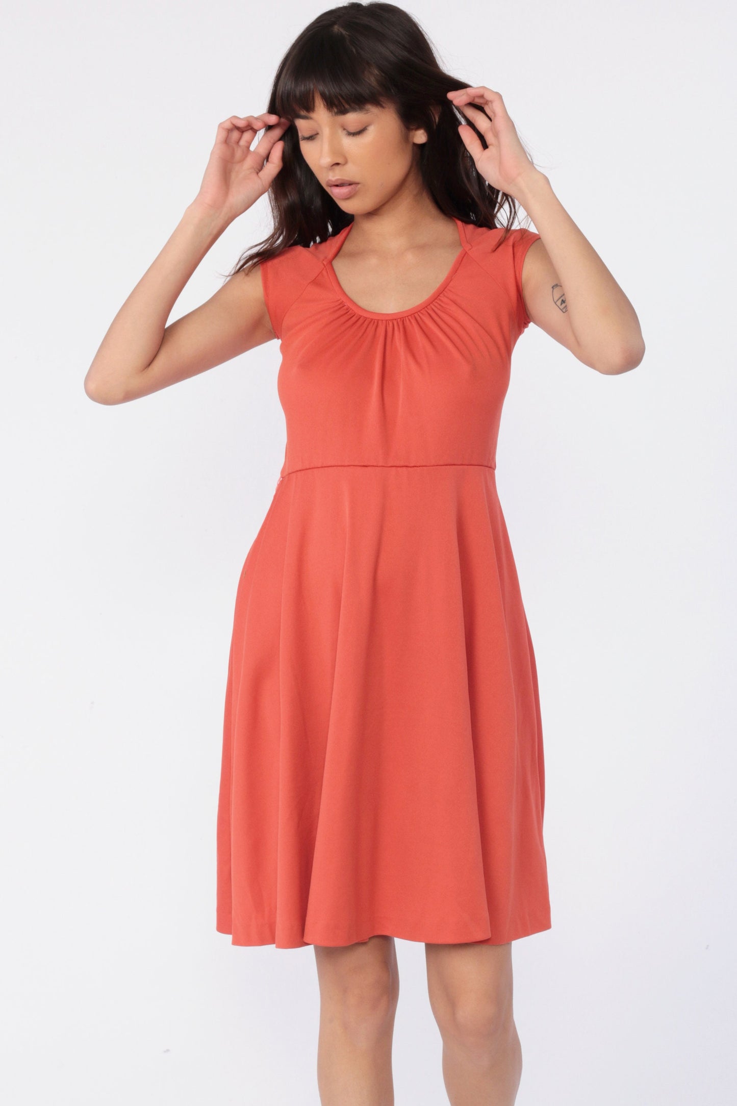 70s Orange Grecian Mini Dress Cap Sleeve Flared Round Neck Small