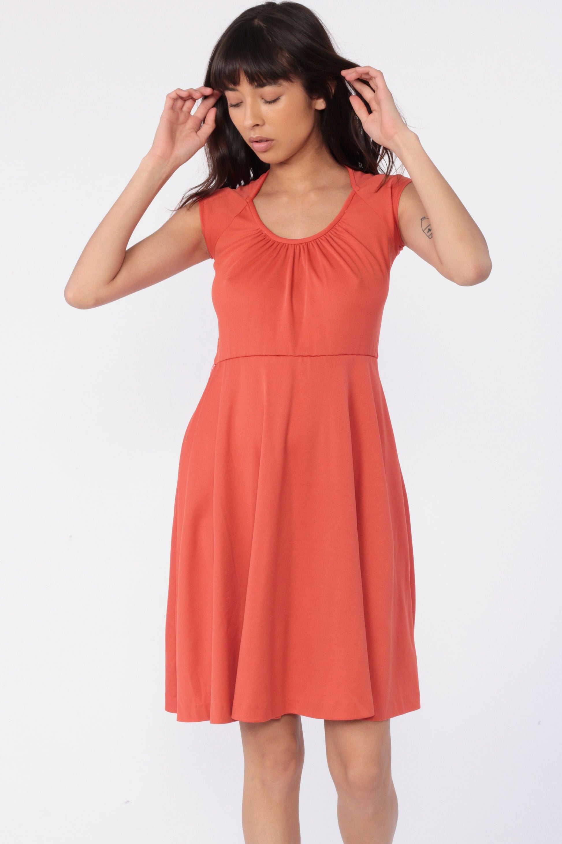 70s Orange Grecian Mini Dress Cap Sleeve Flared Round Neck Small