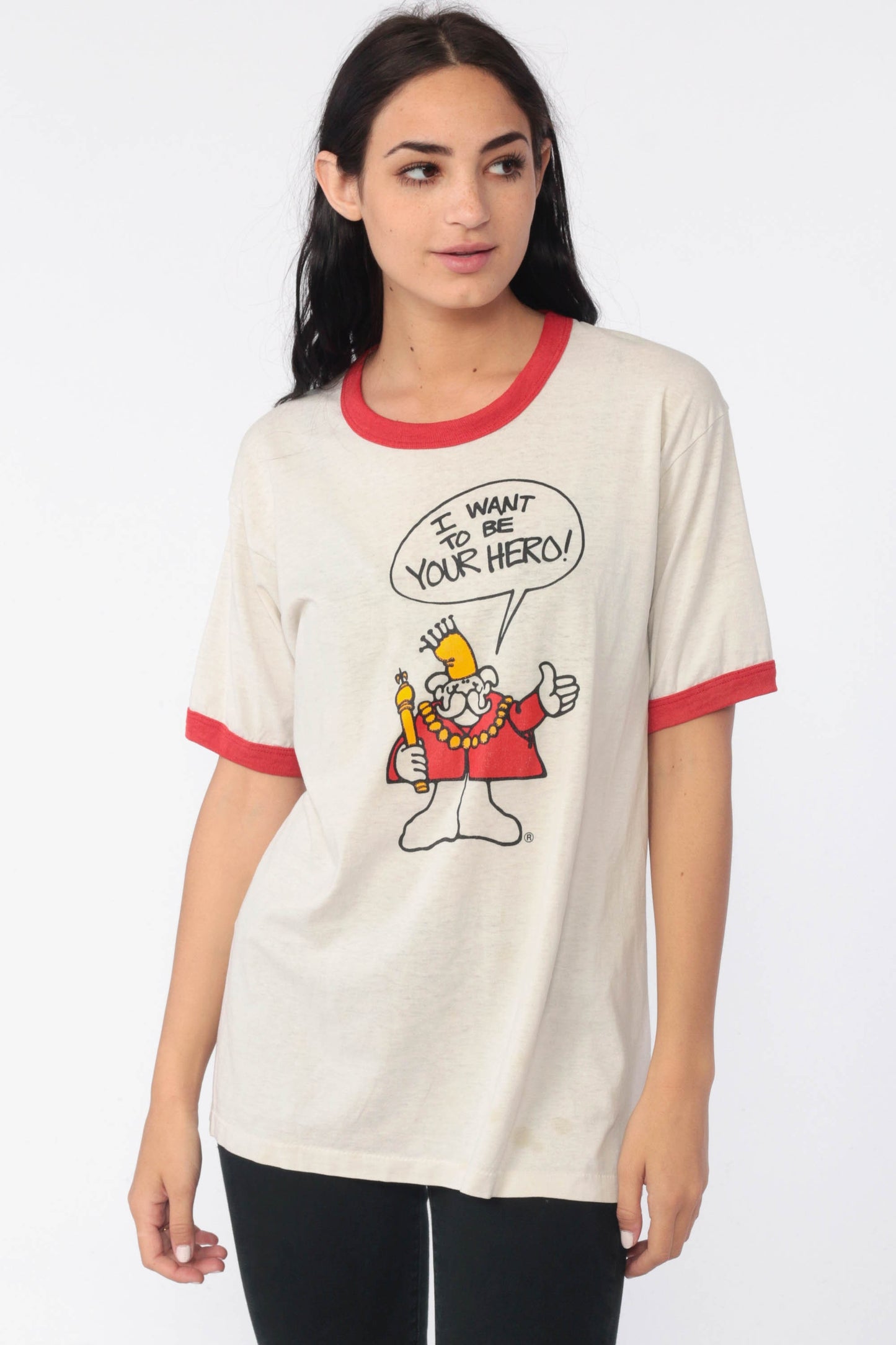 80s Hero King Ringer T-Shirt Graphic Tee I Want To Be Your Hero Medium