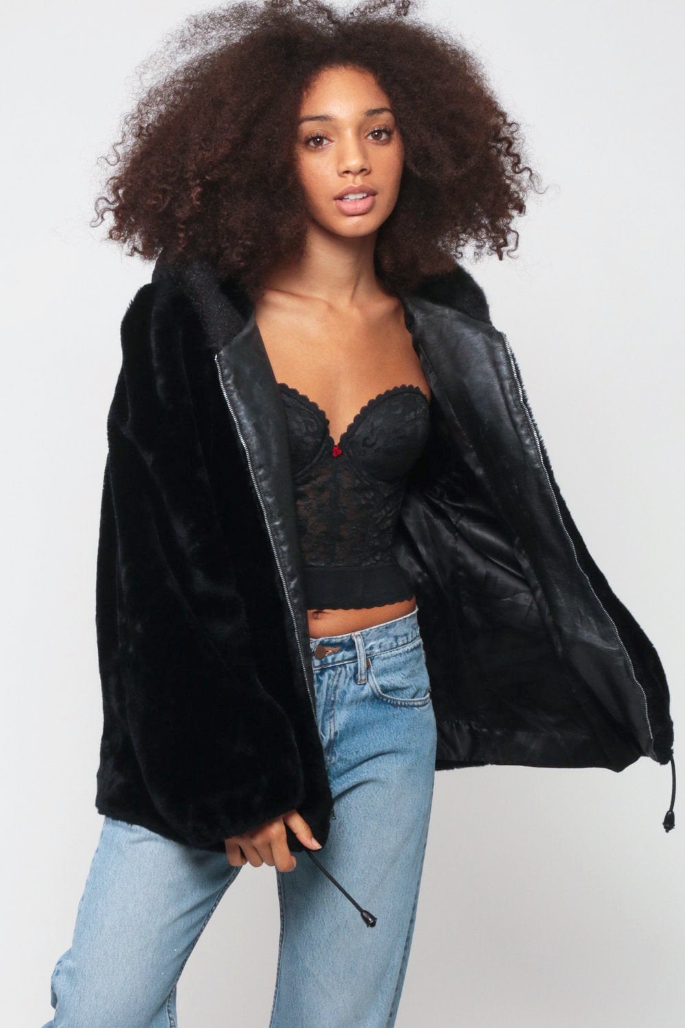 80s Black Faux Fur Hooded Jacket Zip Front Leather Trim Extra Large XXL