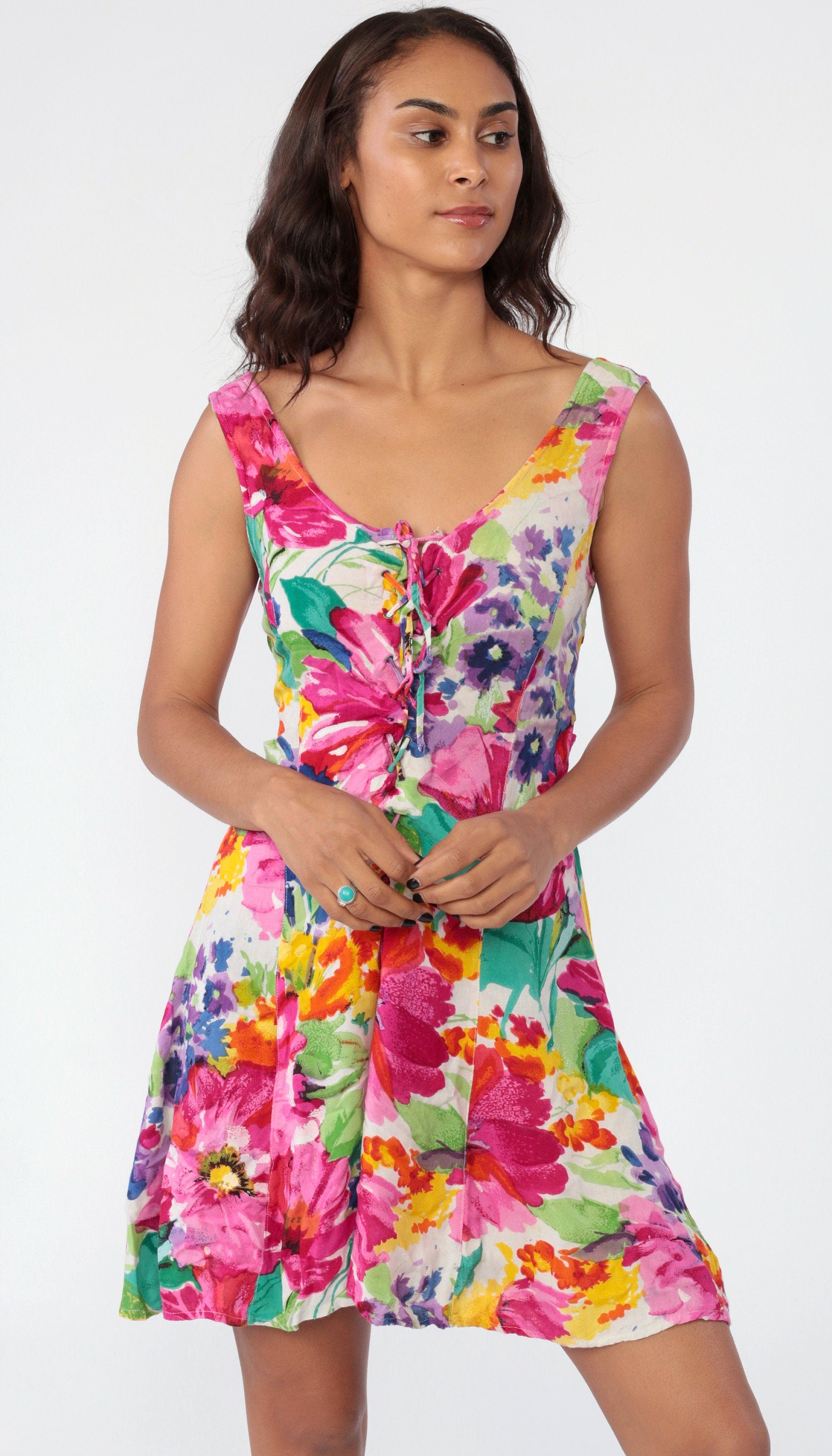 80s Tropical Floral Romper Playsuit Low Back Lace Up Sleeveless Small Medium