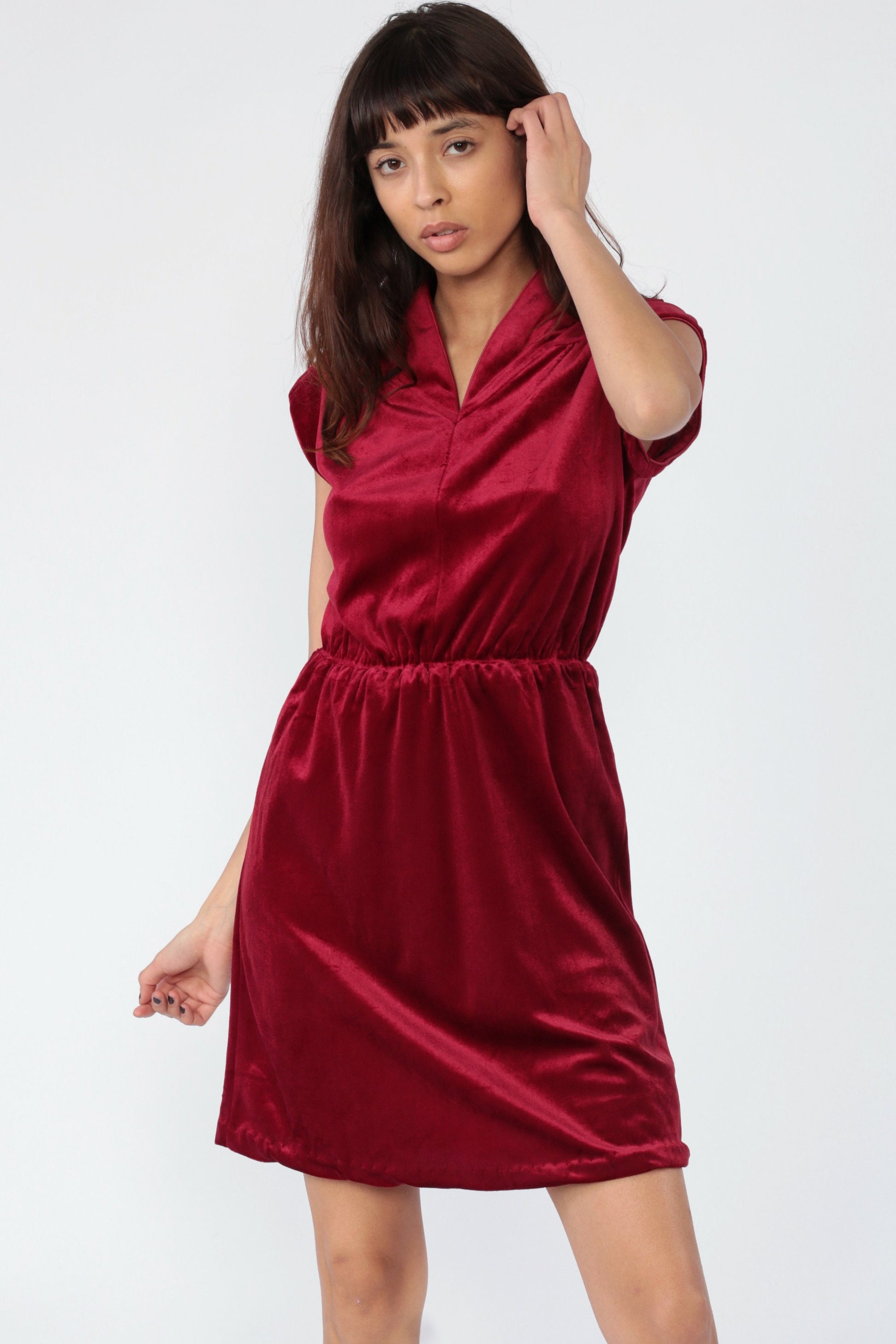 70s Dark Red Velvet Mini Dress Cap Sleeve High Waist Small Medium