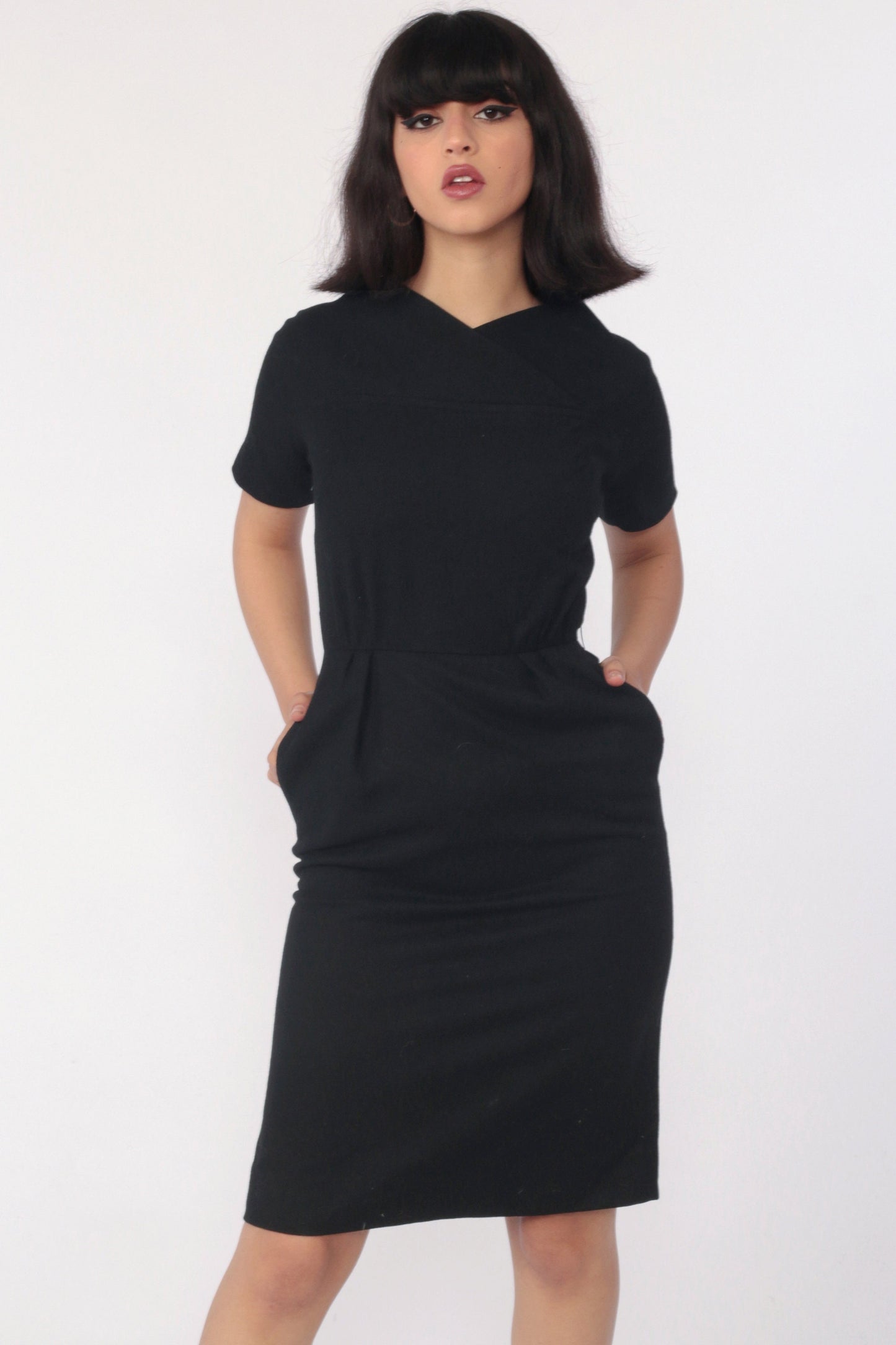 1960s Sue Brett Junior Black Wool Mini Sheath Dress Cap Sleeve Extra Small