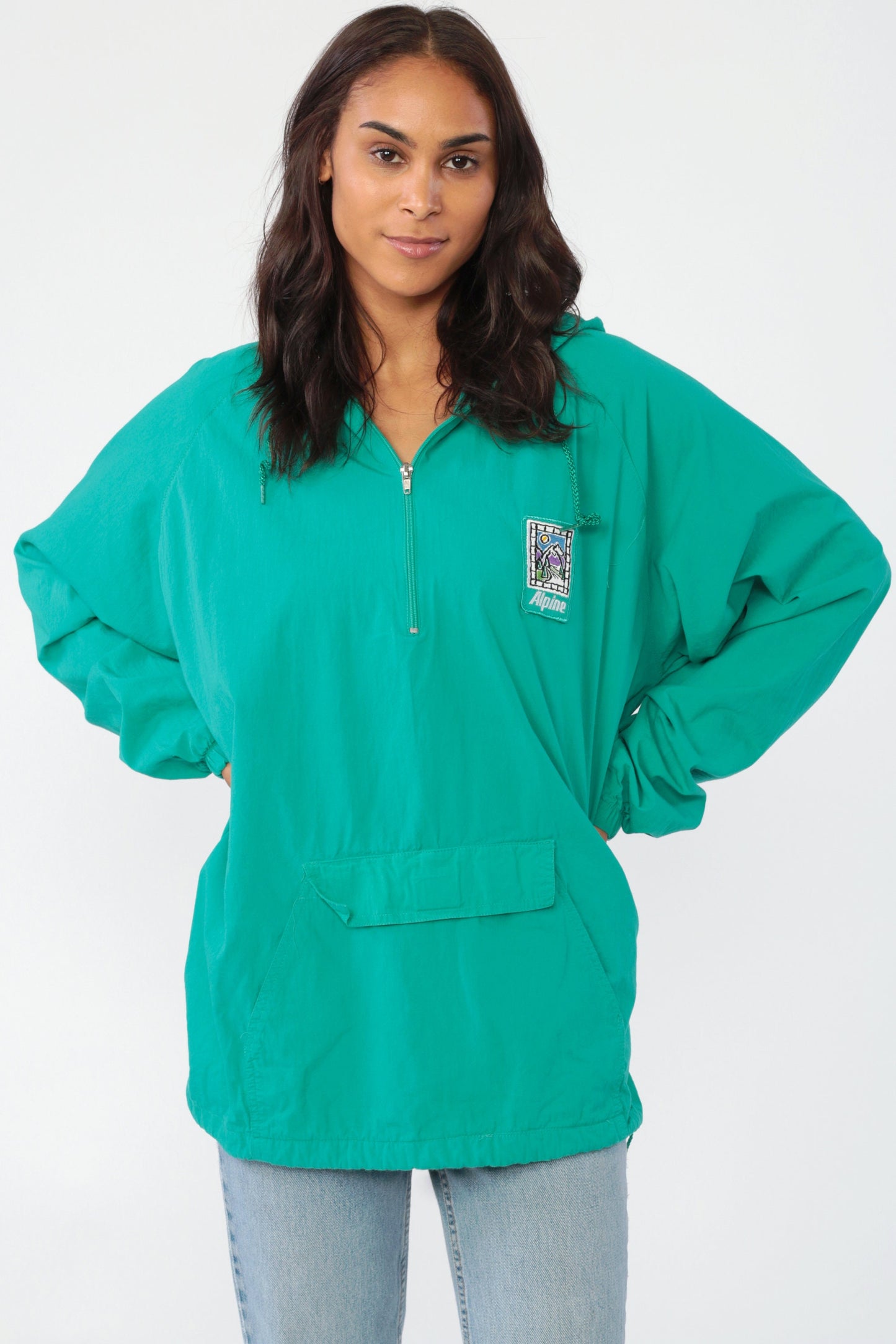 90s Alpine Mountain Hooded Windbreaker Jacket Green Cotton Pullover Large