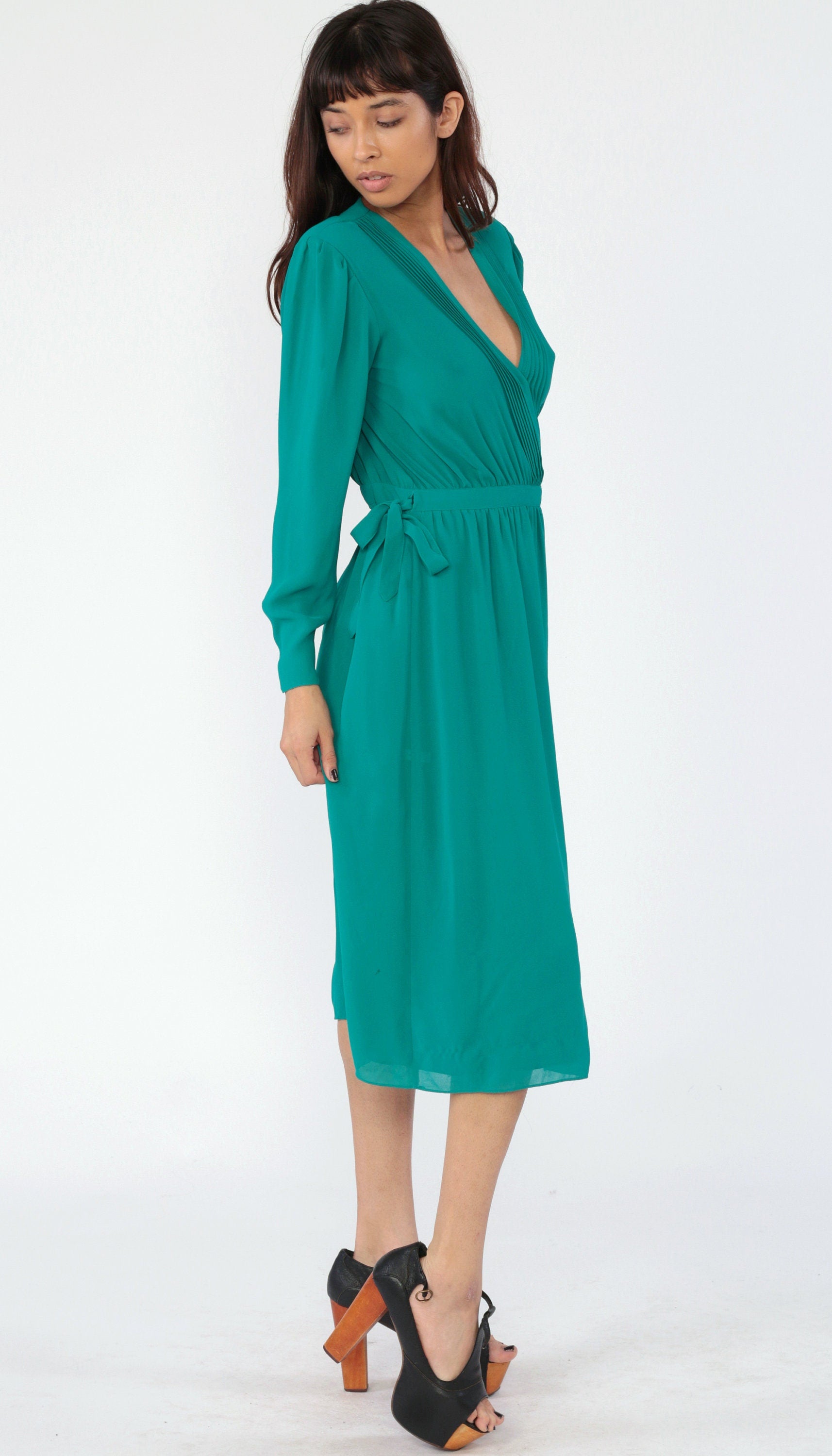 70s Teal Wrap Dress Deep V Neck Puff Sleeve High Waist Midi Small