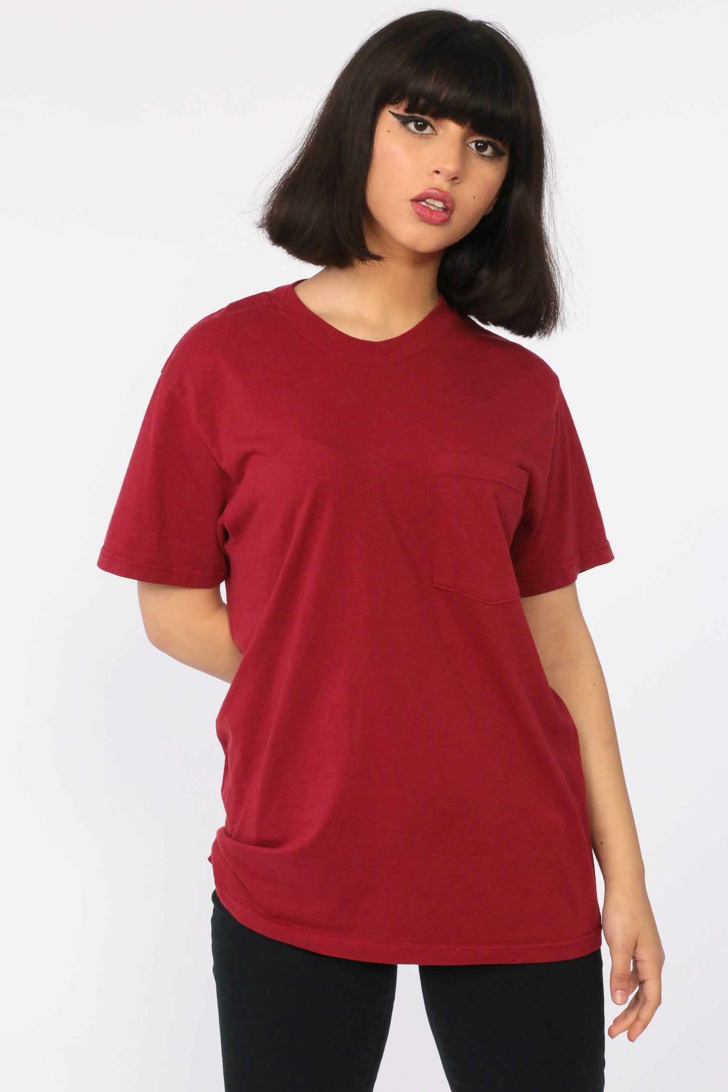 80s Burgundy Cotton Pocket T-Shirt Plain Tee Extra Small