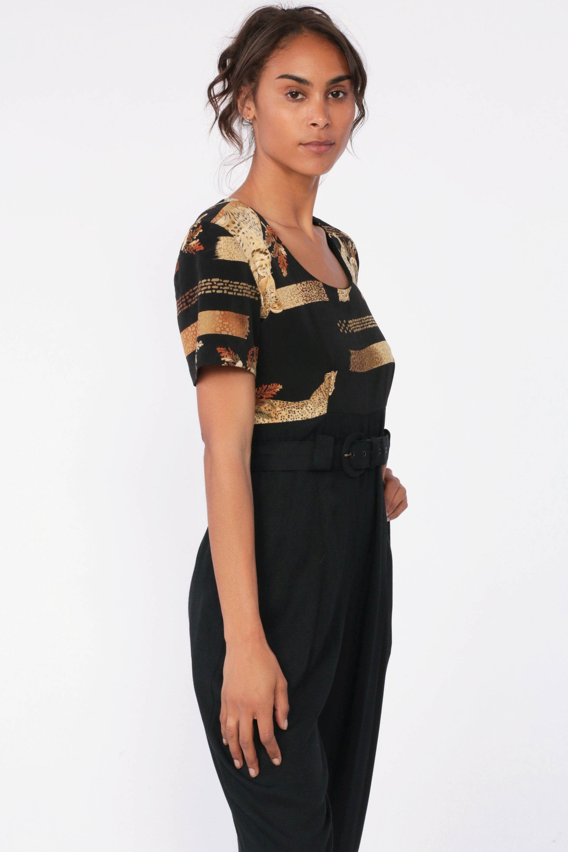 80s Animal Print Jumpsuit Black Belted High Waisted Tapered Medium 8