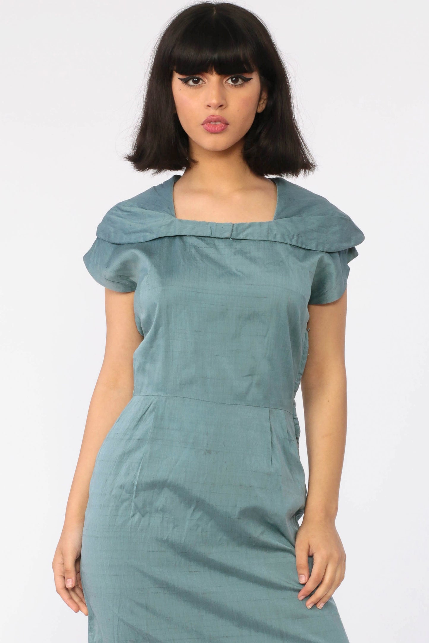 1950s Blue Sailor Collar Sheath Dress Wiggle Skirt Cap Sleeve Small