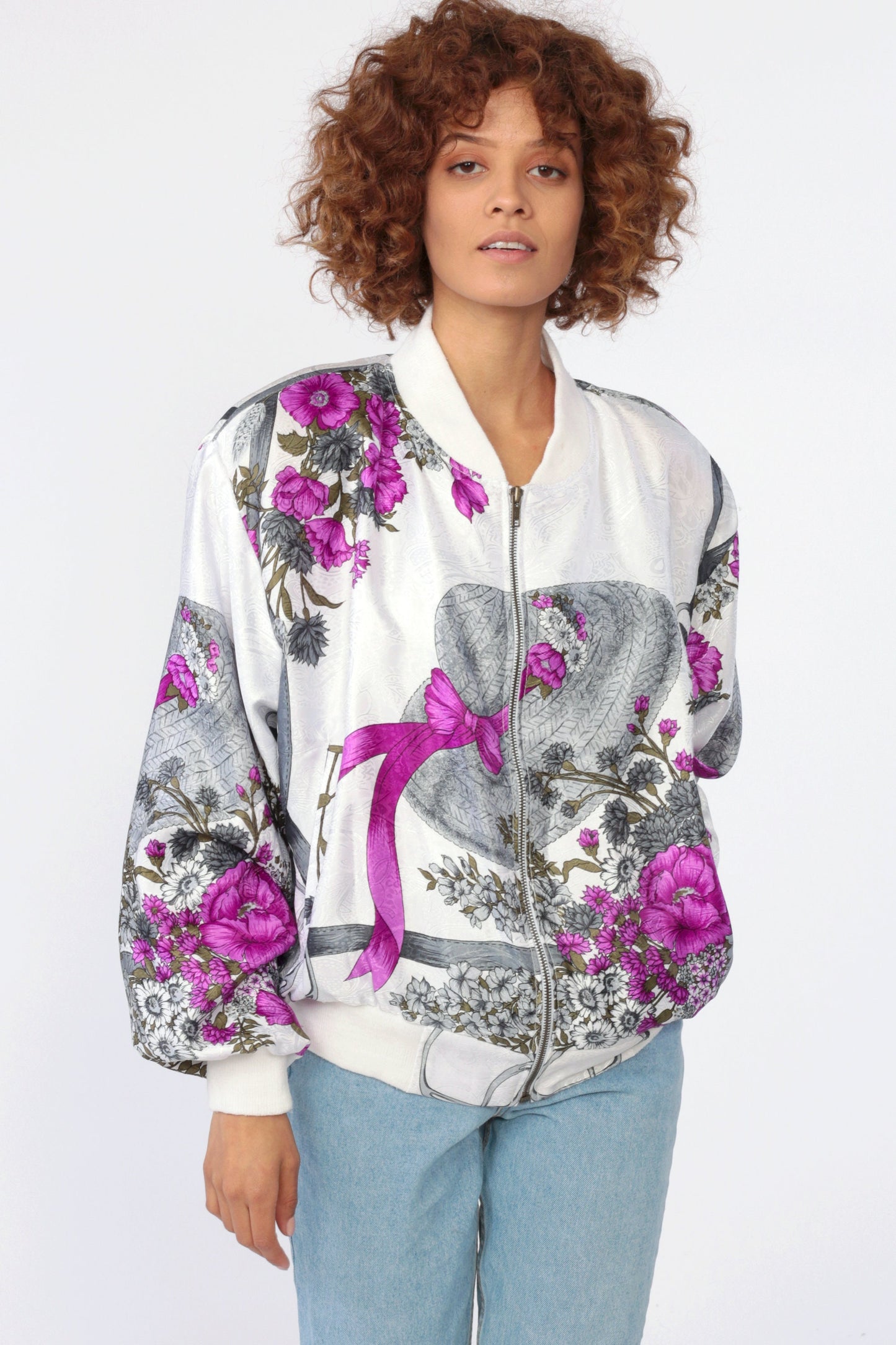 90s Floral Hat Print Windbreaker Jacket White Purple Medium