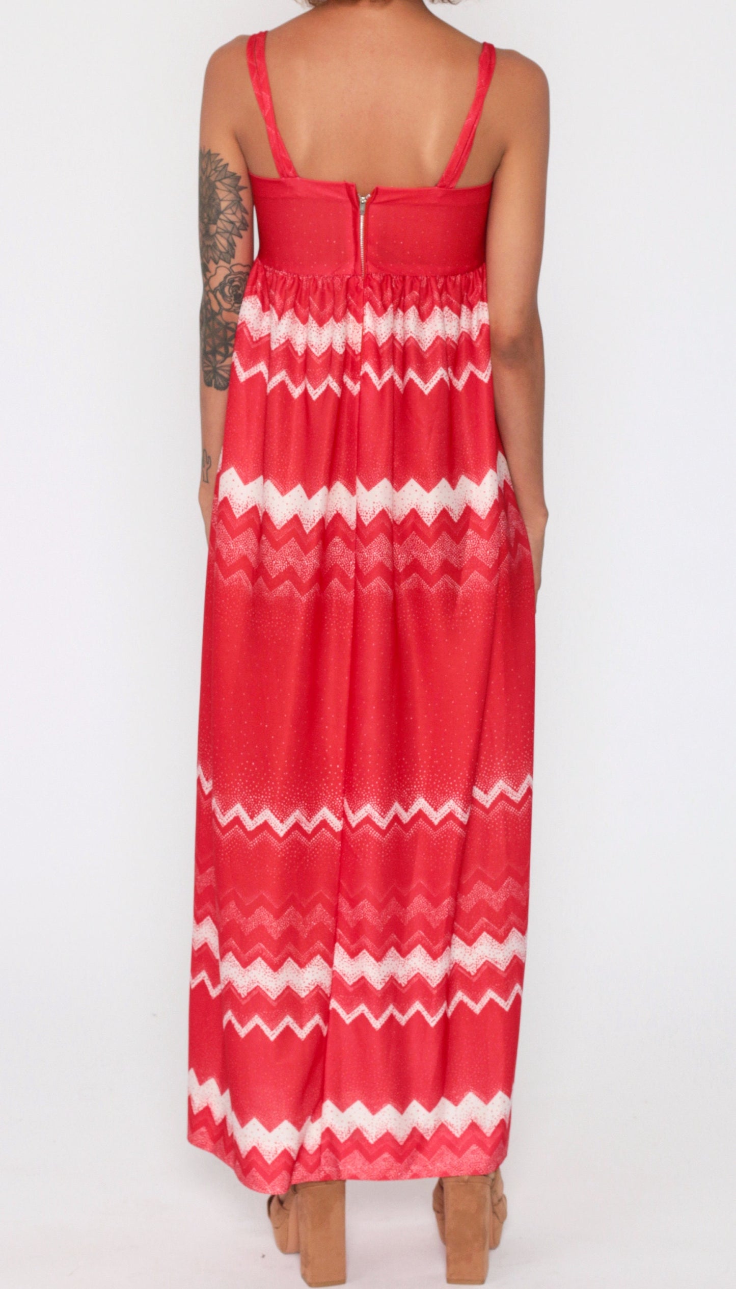 70s Red Zig Zag Striped Maxi Dress Empire Waist Spaghetti Strap Extra Small