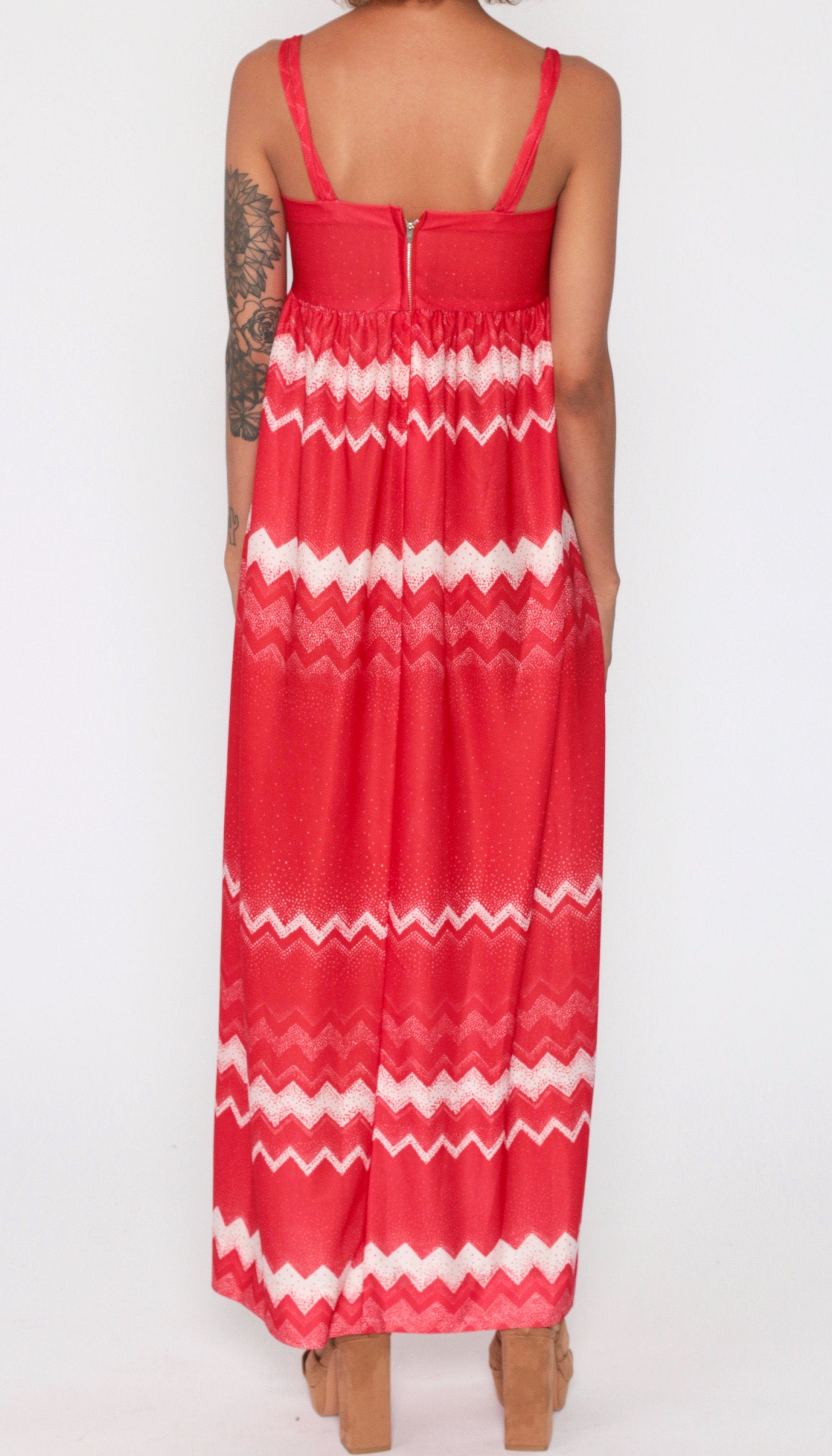 70s Red Zig Zag Striped Maxi Dress Empire Waist Spaghetti Strap Extra Small