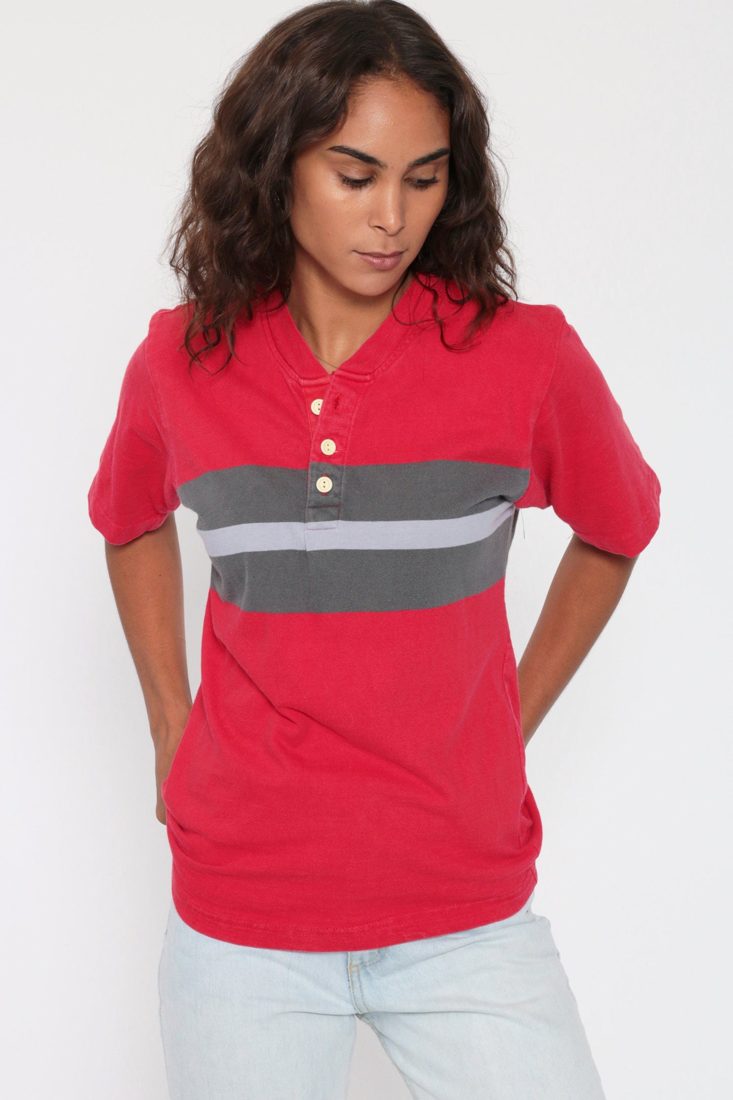 1970s Red Striped Polo Shirt Grey Color Block Half Button Cotton Small