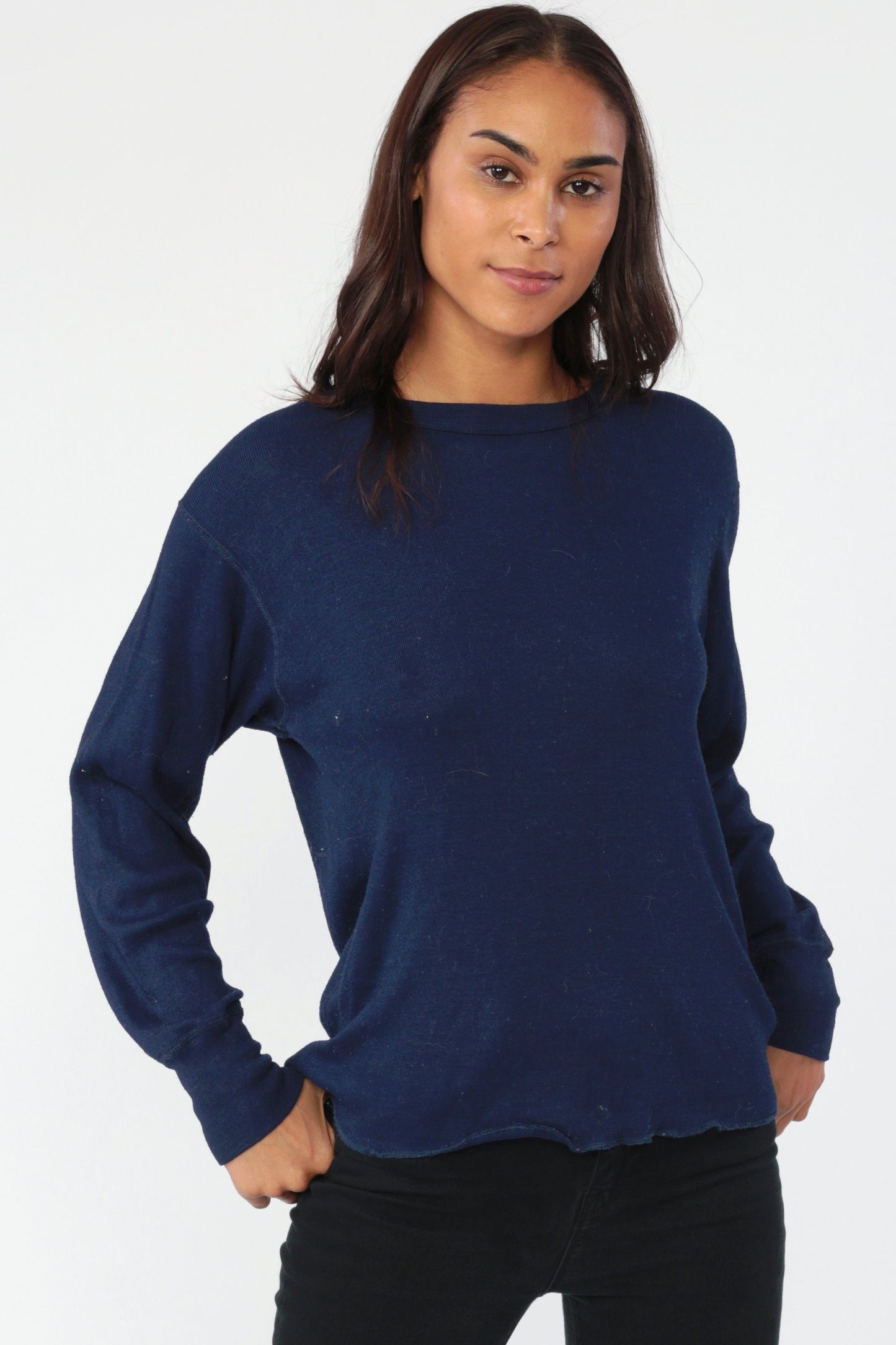 80s Navy Long Sleeve Athletic Shirt Polypropylene Stretchy Knit Extra Large XL