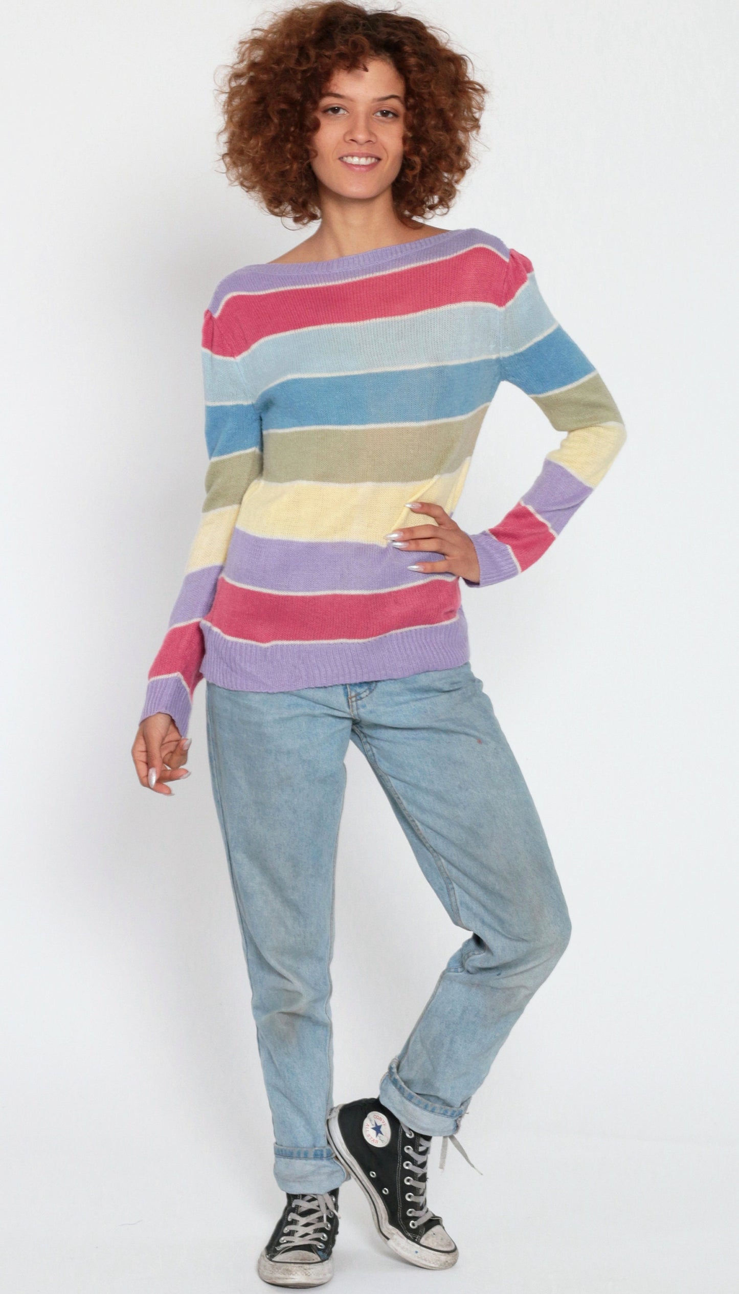 80s Pastel Striped Boatneck Sweater Puff Sleeve Knit Pullover Small