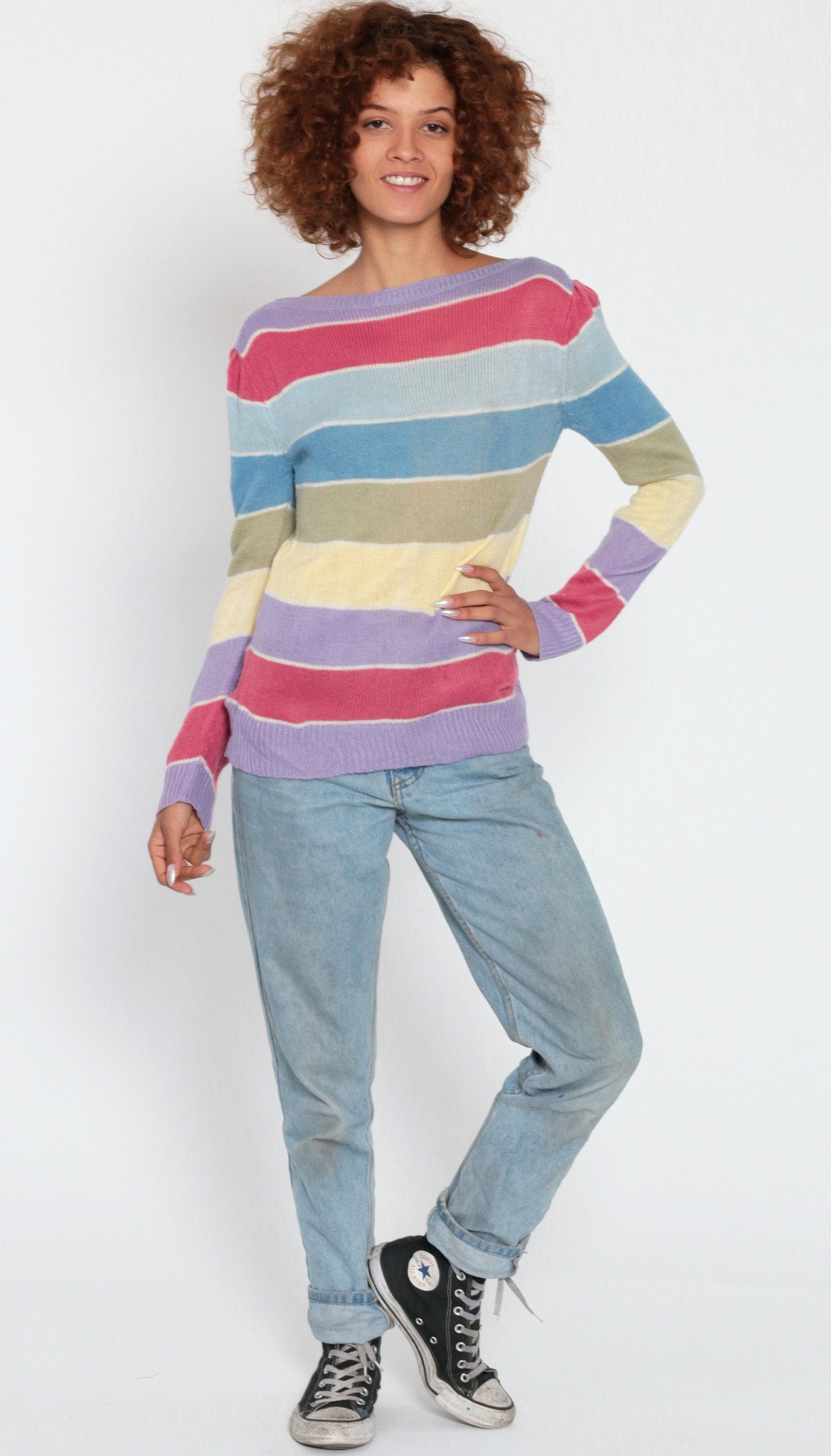 80s Pastel Striped Boatneck Sweater Puff Sleeve Knit Pullover Small