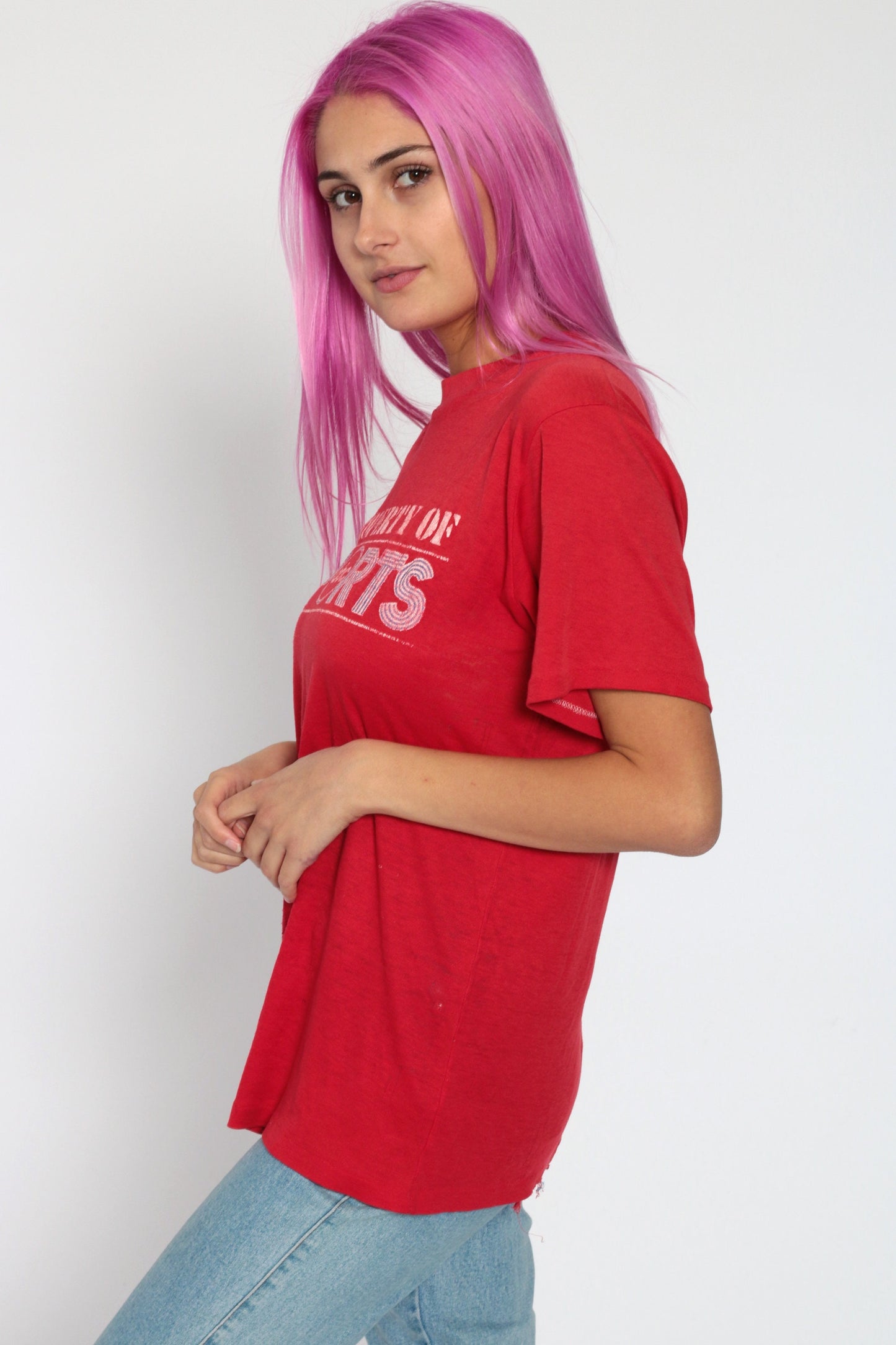 80s ABC Sports Graphic T-Shirt Red Cotton Tee Medium