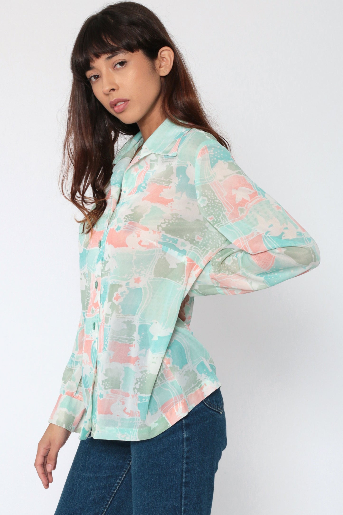 70s Dove Print Button Up Blouse Long Sleeve Patchwork Pink Green Medium