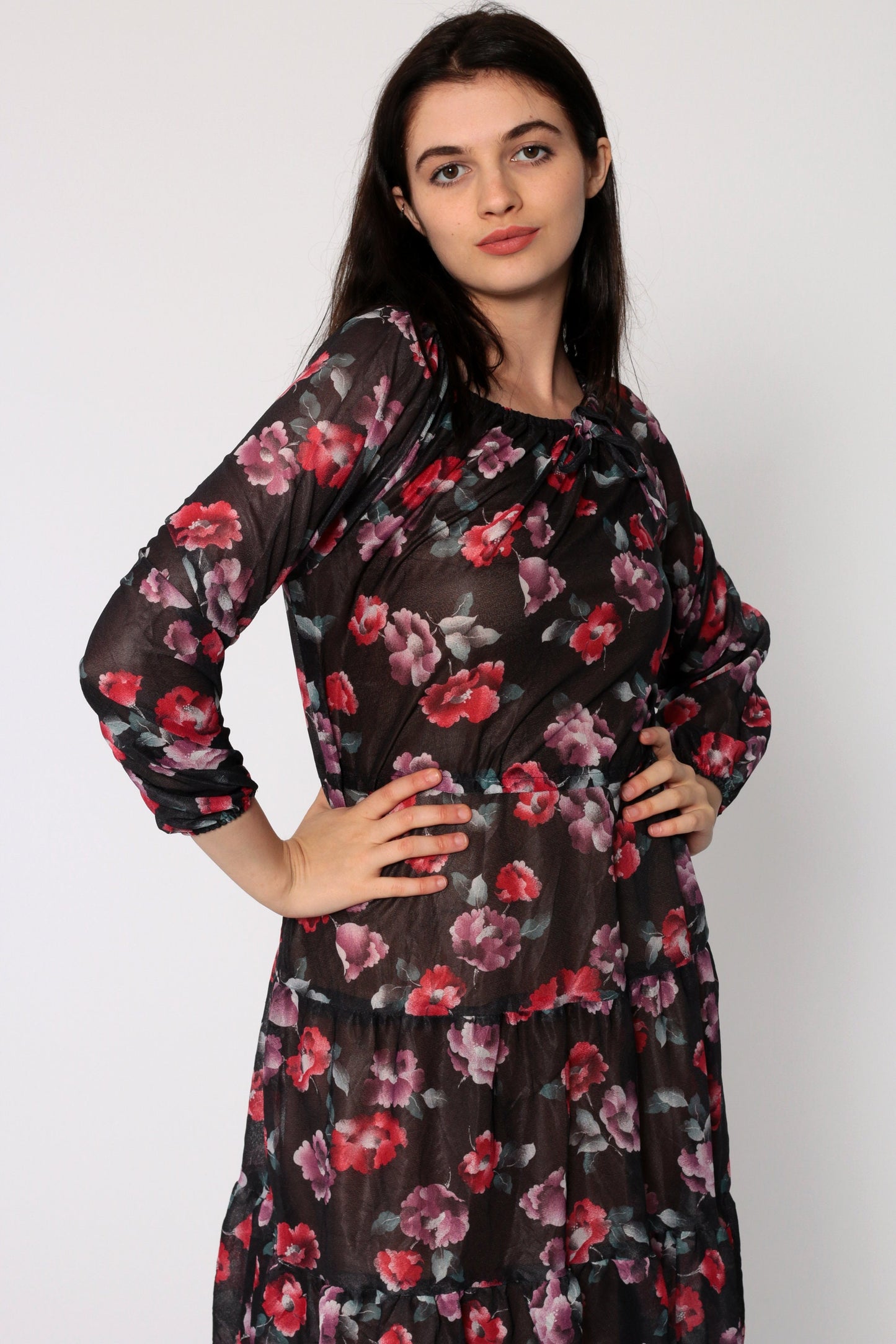 70s Floral Print Midi Dress Tiered Sheer Black High Waist Small