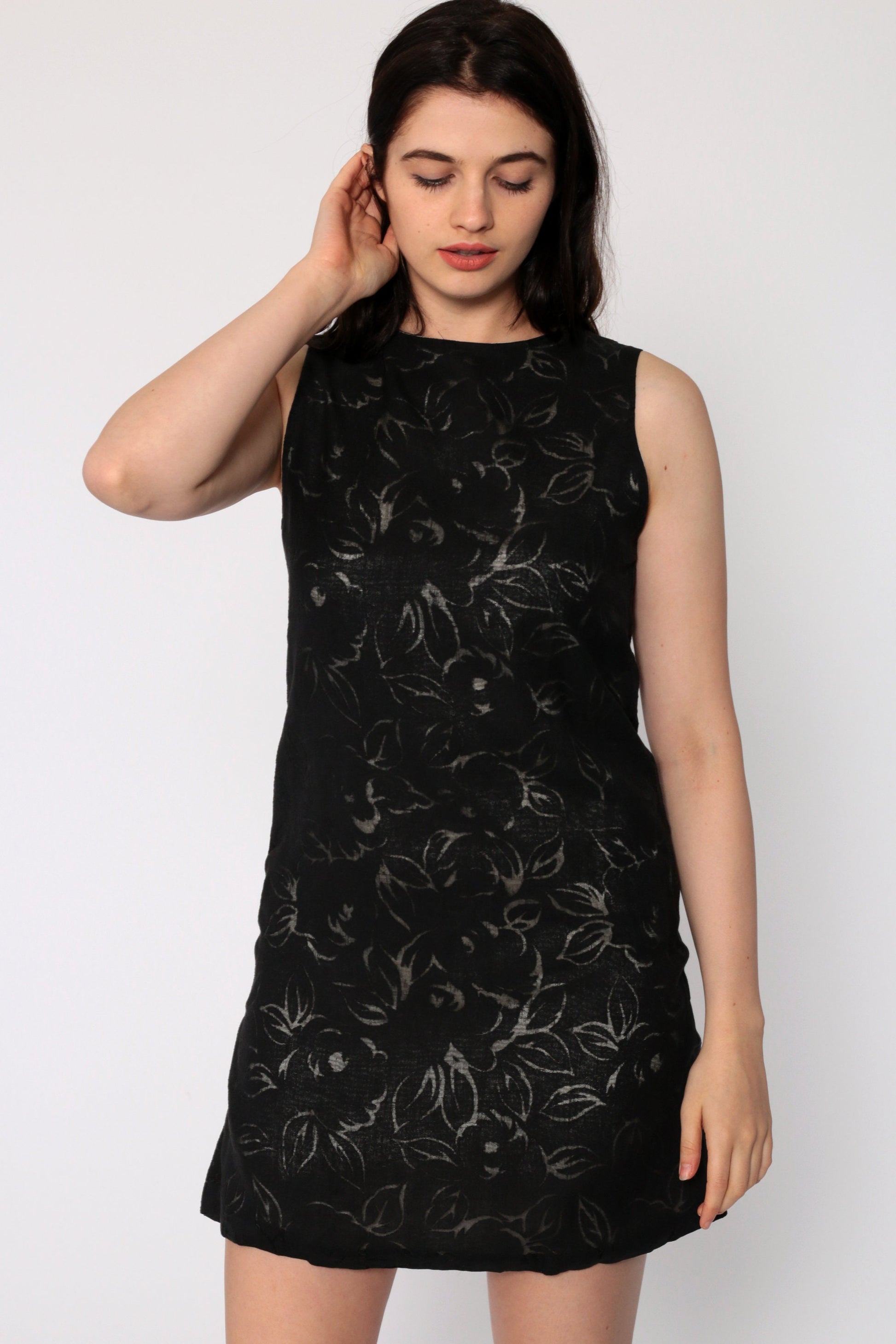 90s Black Floral Burnout Mini Dress Sleeveless Shift Extra Small