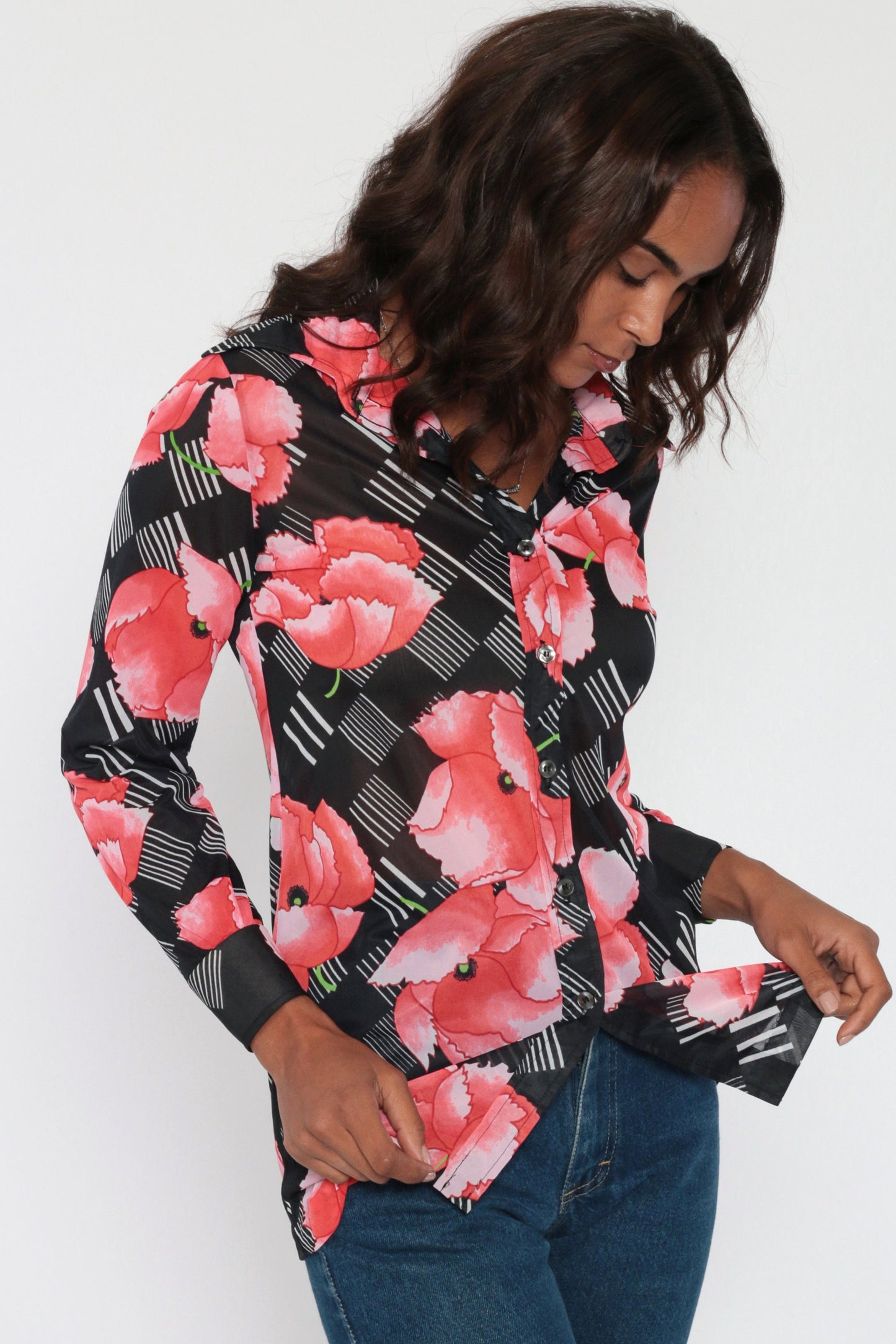70s Jantzen Sheer Floral Poppy Blouse Black Pink Button Up Long Sleeve Small