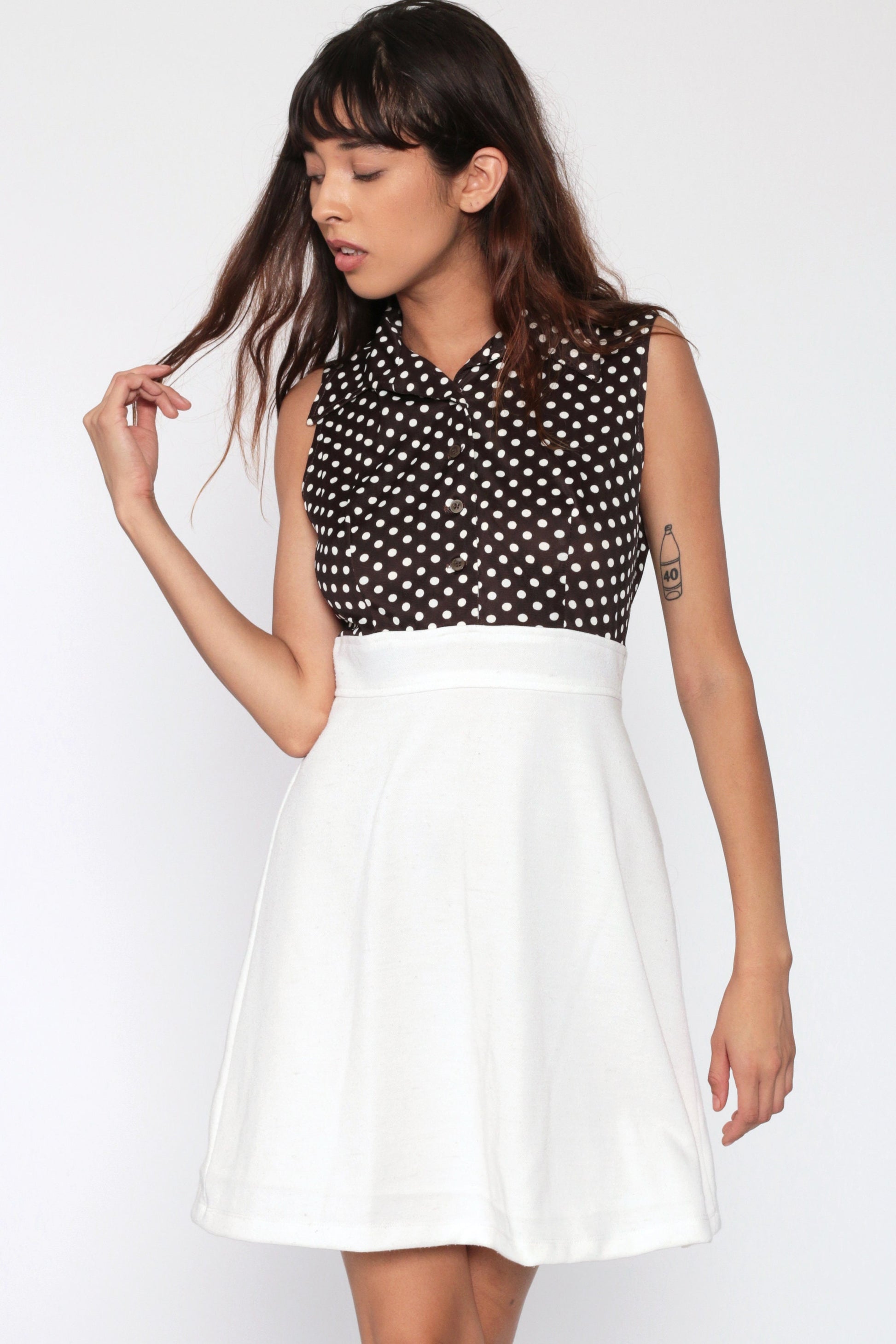 70s Brown Polka Dot Babydoll Dress Empire Waist Button Front Mini White Small