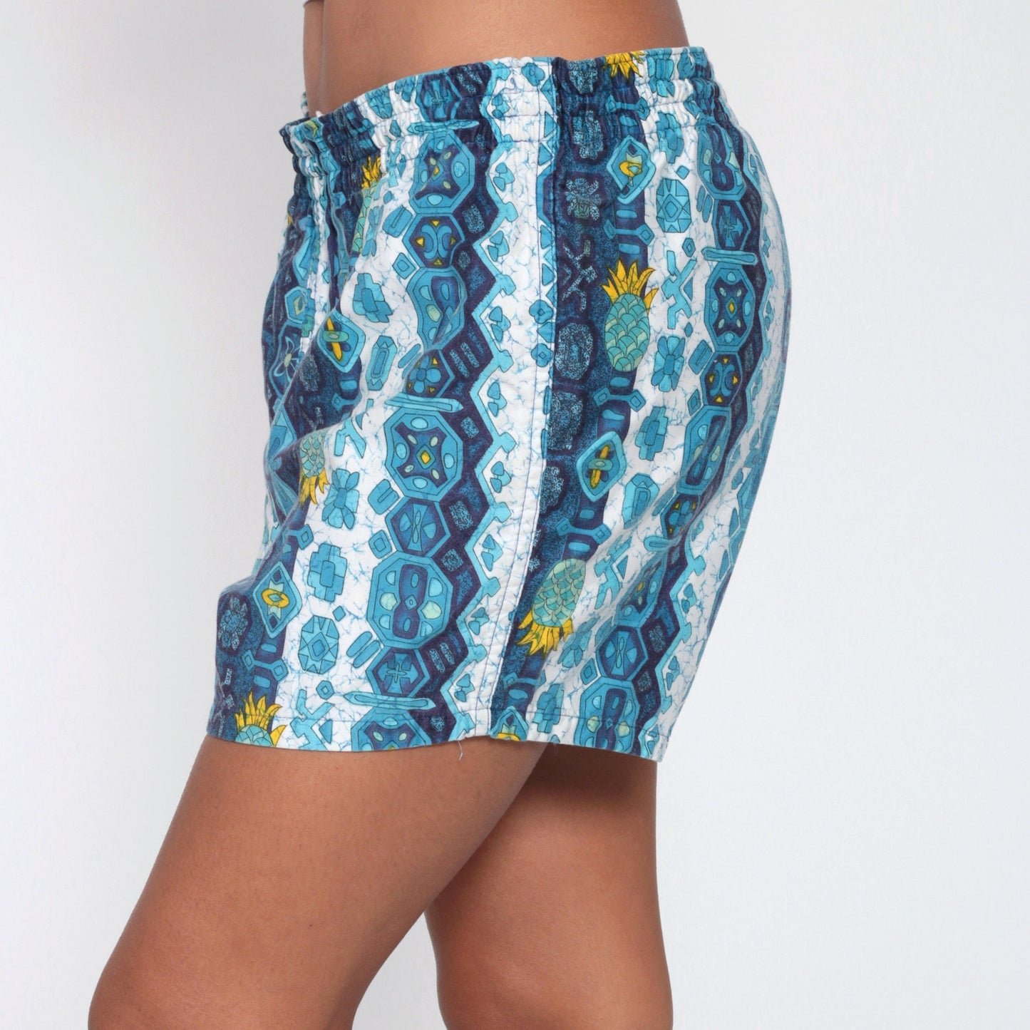 80s Pineapple Kaleidoscope Geometric Swim Shorts Blue Small Medium