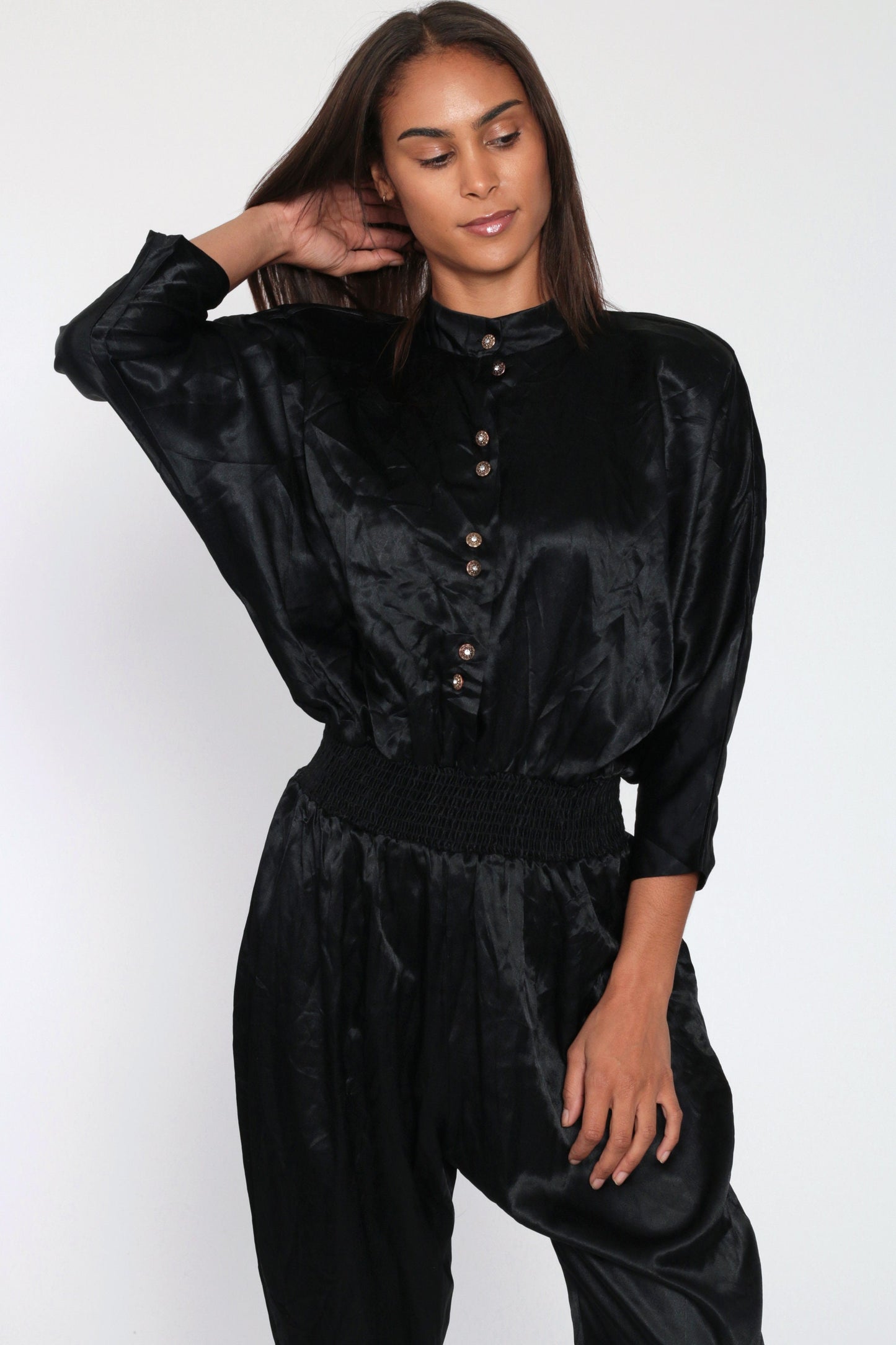 80s Black Satin Jumpsuit Dolman Sleeve Button-Up Tapered Small Medium